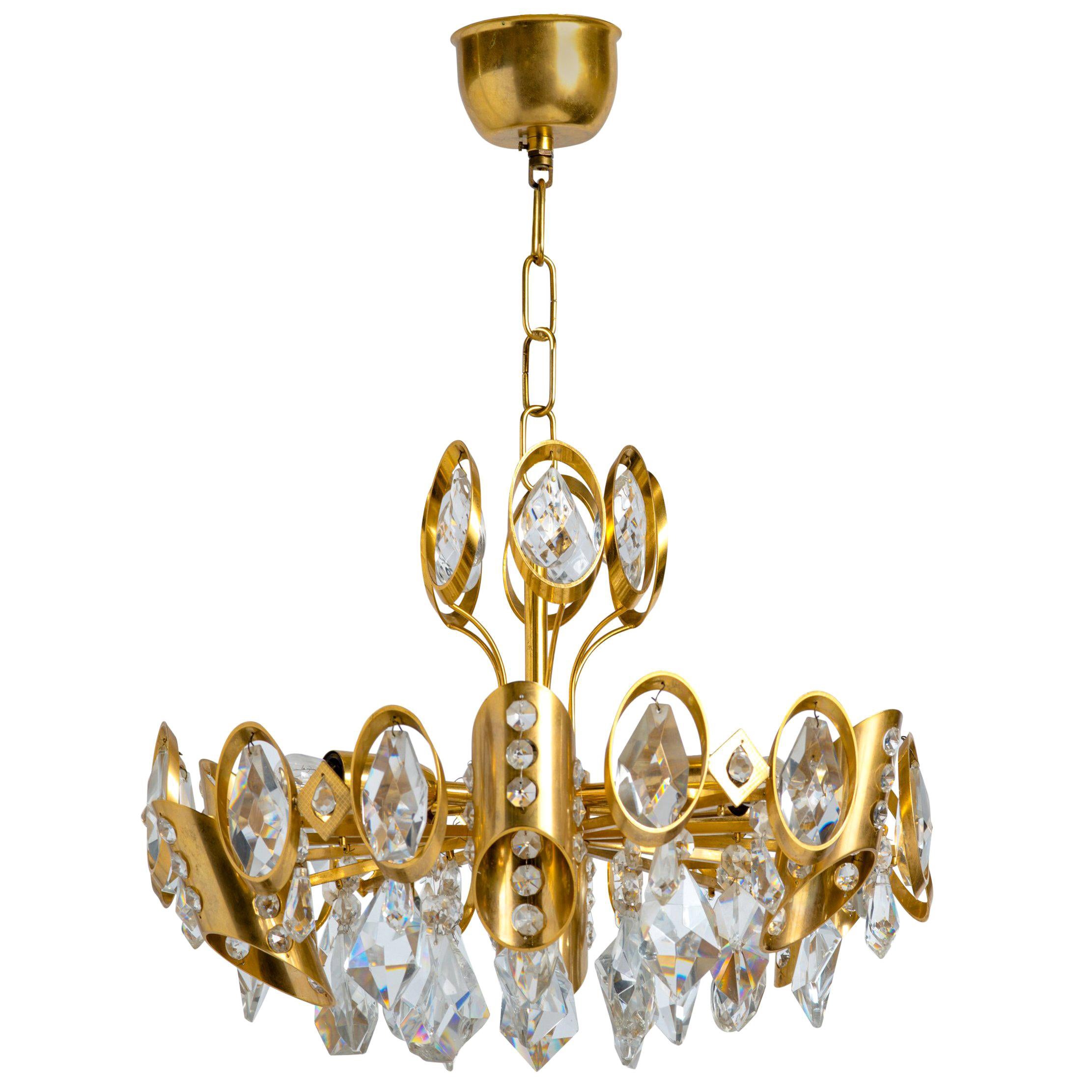 Lampadario in ottone dorato e cristallo tagliato di Palwa, Austria, anni '60