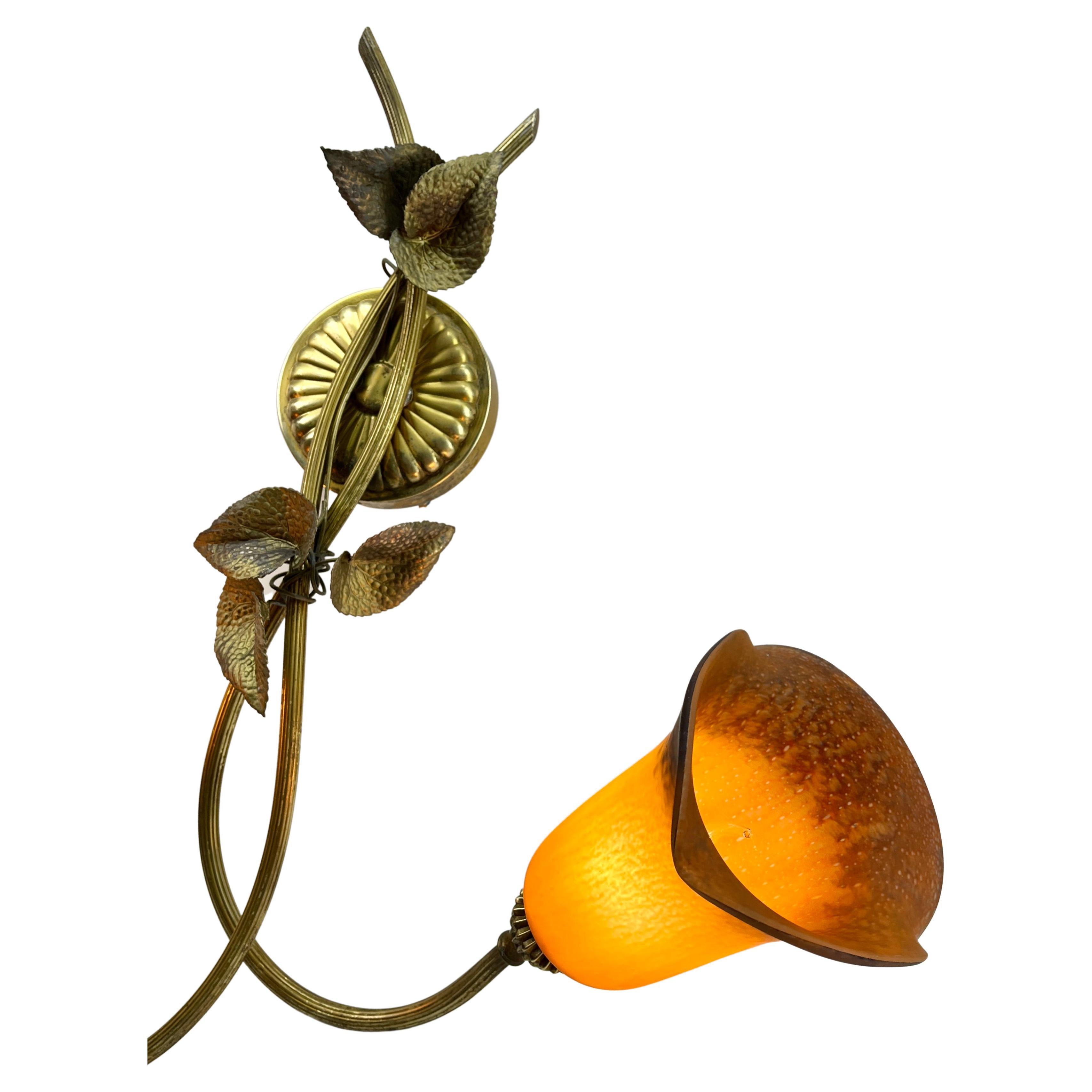 French Gilded Brass and Floral Leafs Wall light 2 lamp Shades Pate-de-verre For Sale