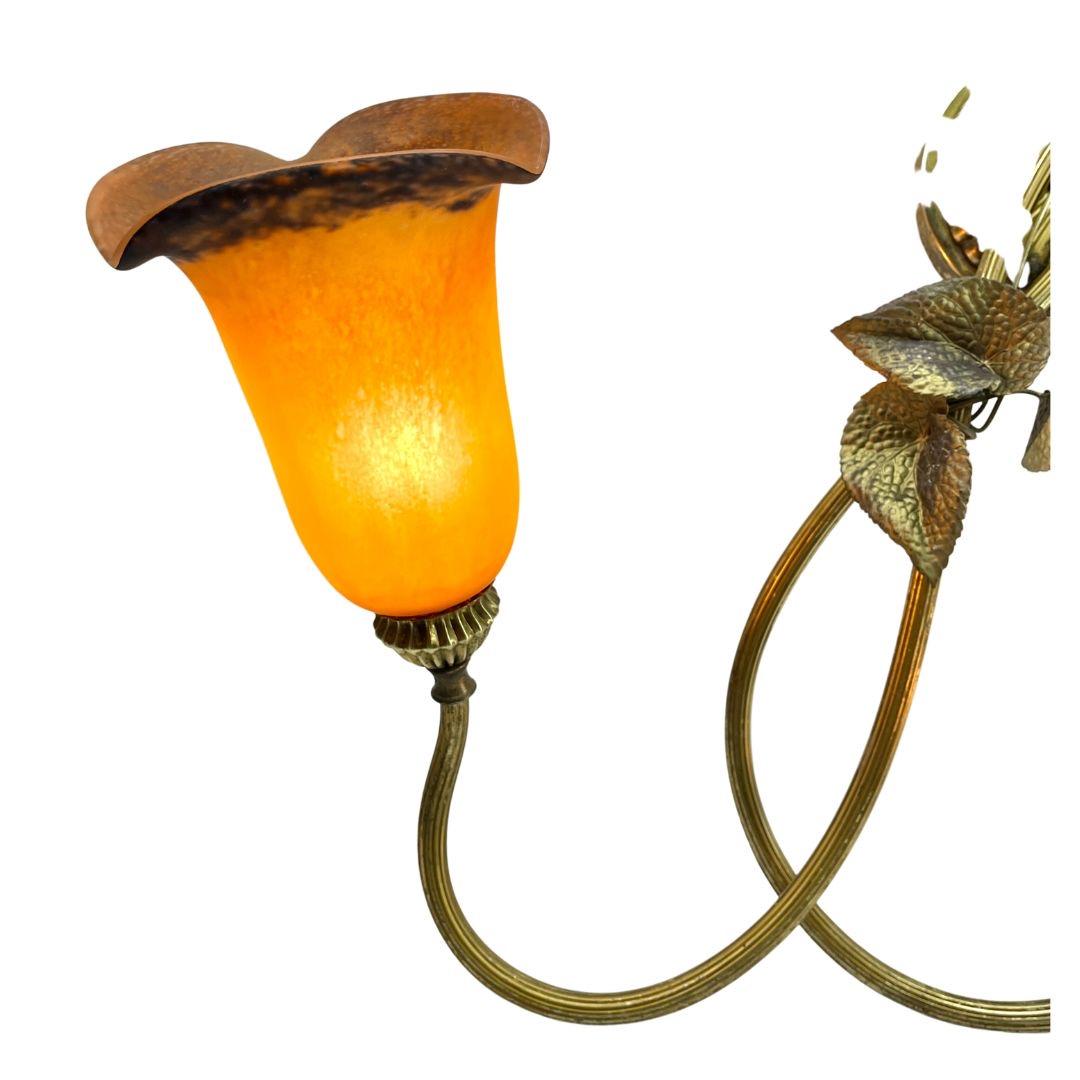 Gilded Brass and Floral Leafs Wall light 2 lamp Shades Pate-de-verre In Good Condition For Sale In Verviers, BE