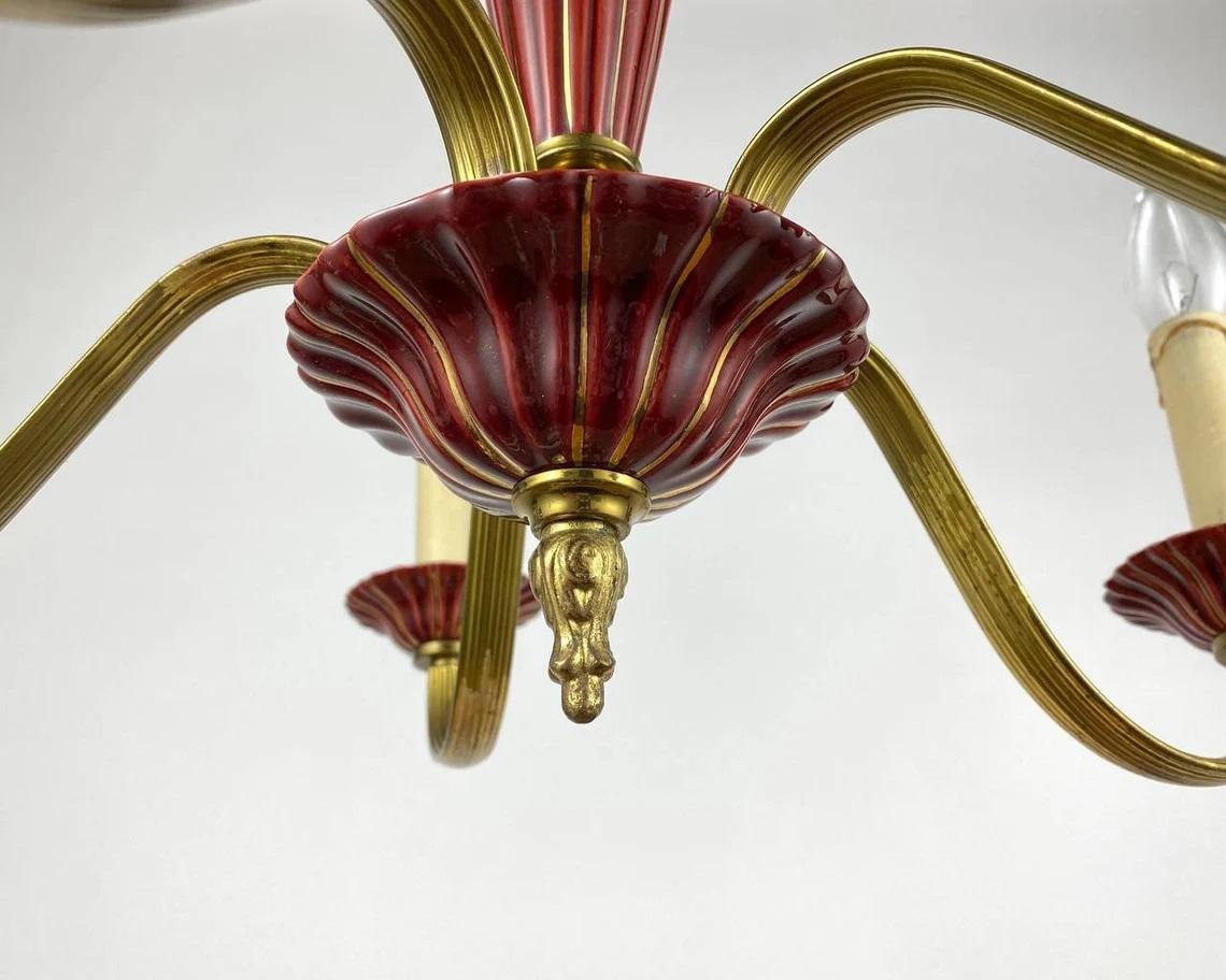 Gilt Gilded Brass & Burgundy Ceramics Vintage Chandelier For Sale