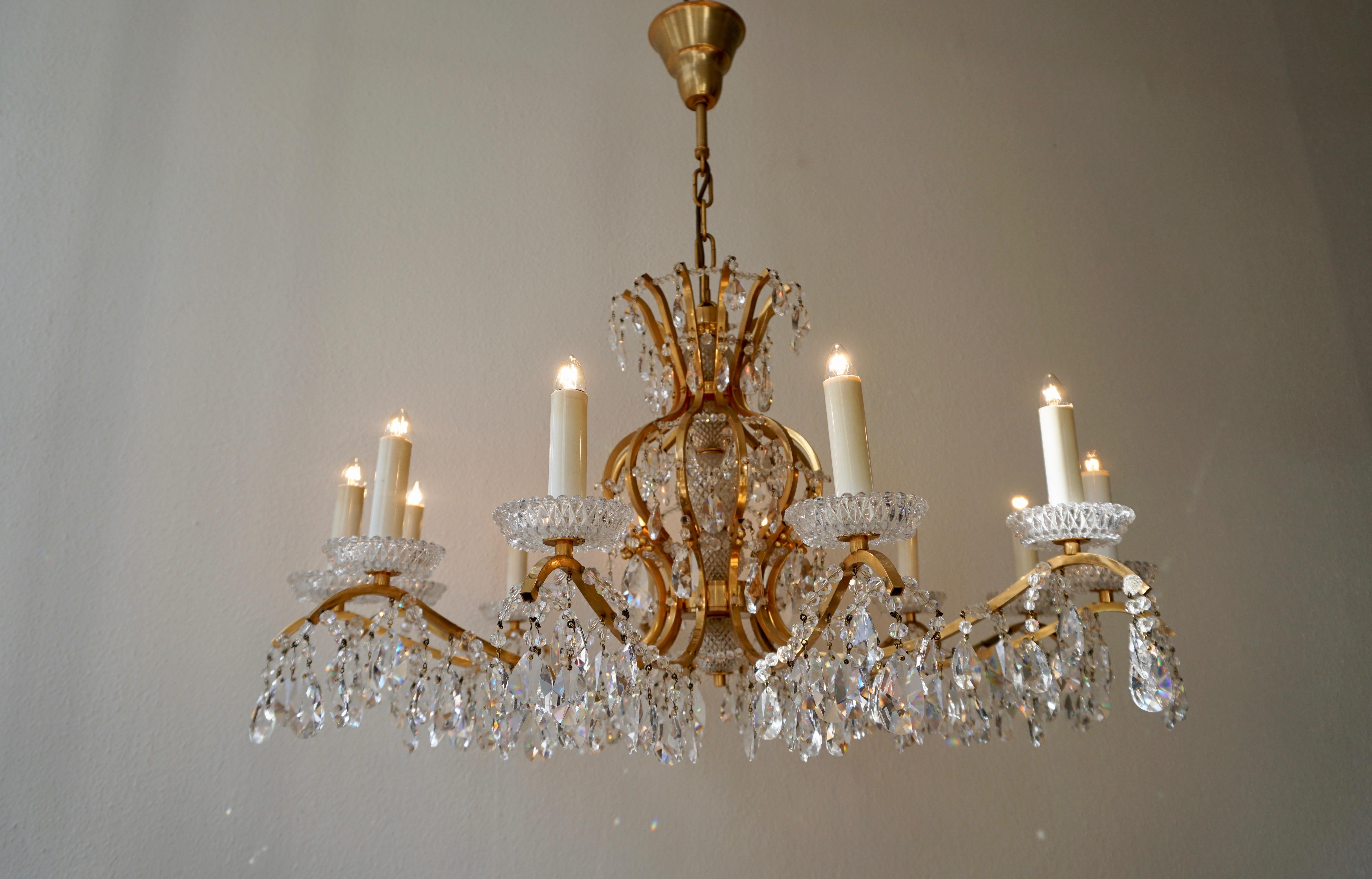 Hollywood Regency Gilded Brass Crystal Chandelier