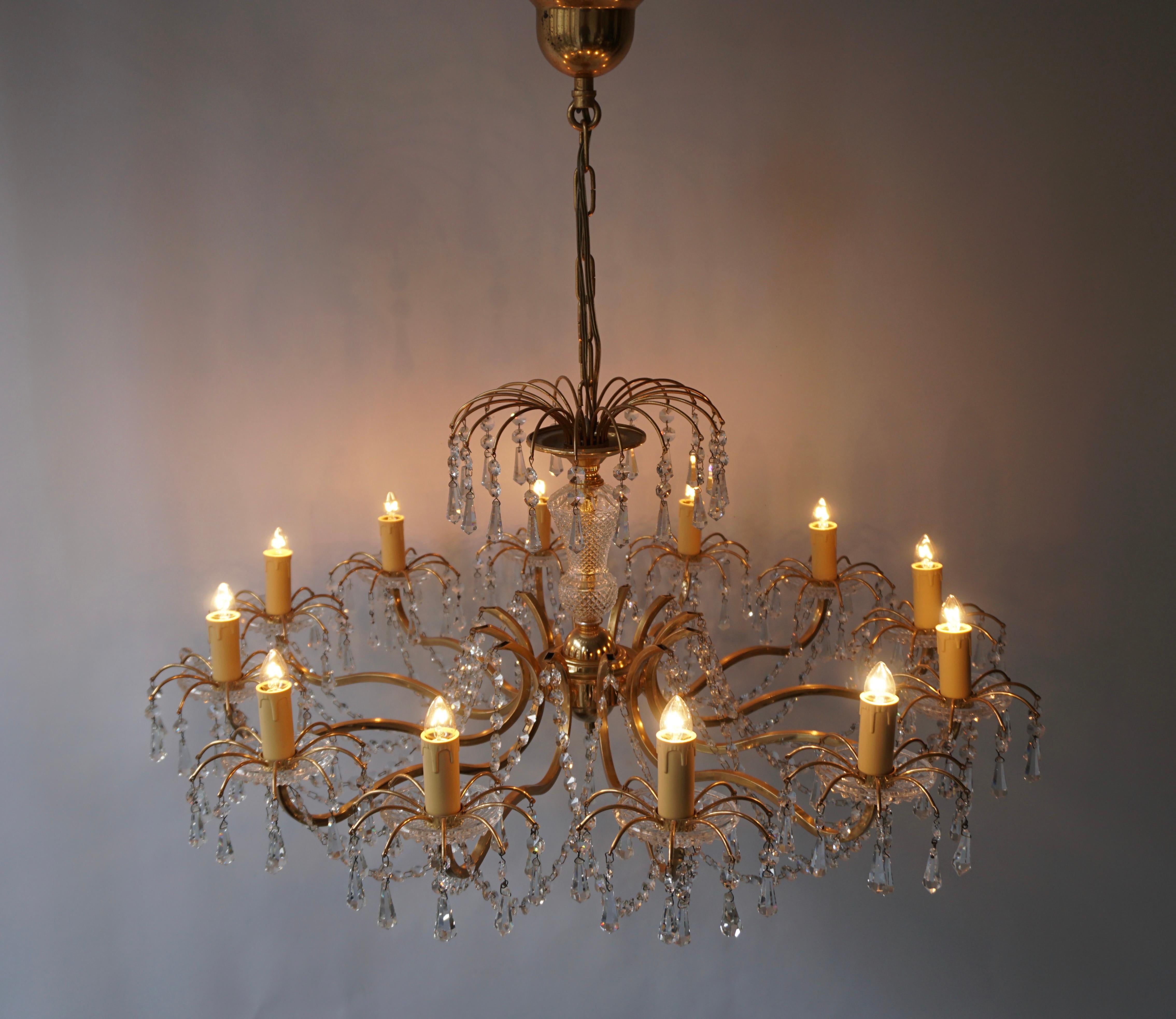 Hollywood Regency Gilded Brass Crystal Chandelier