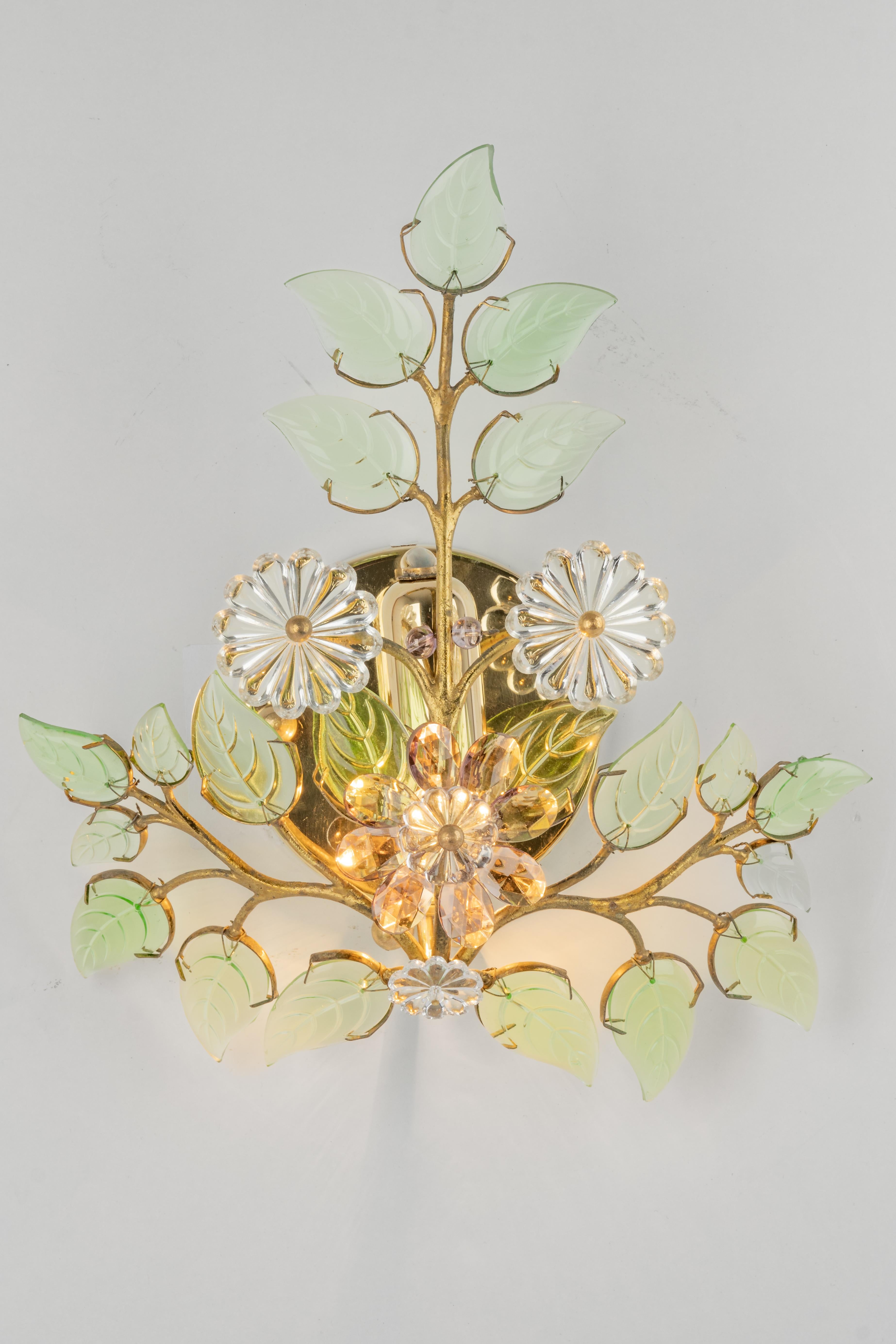 Mid-Century Modern Gilded Brass Crystal Wall Lights by Palwa, Germany, 1960s For Sale