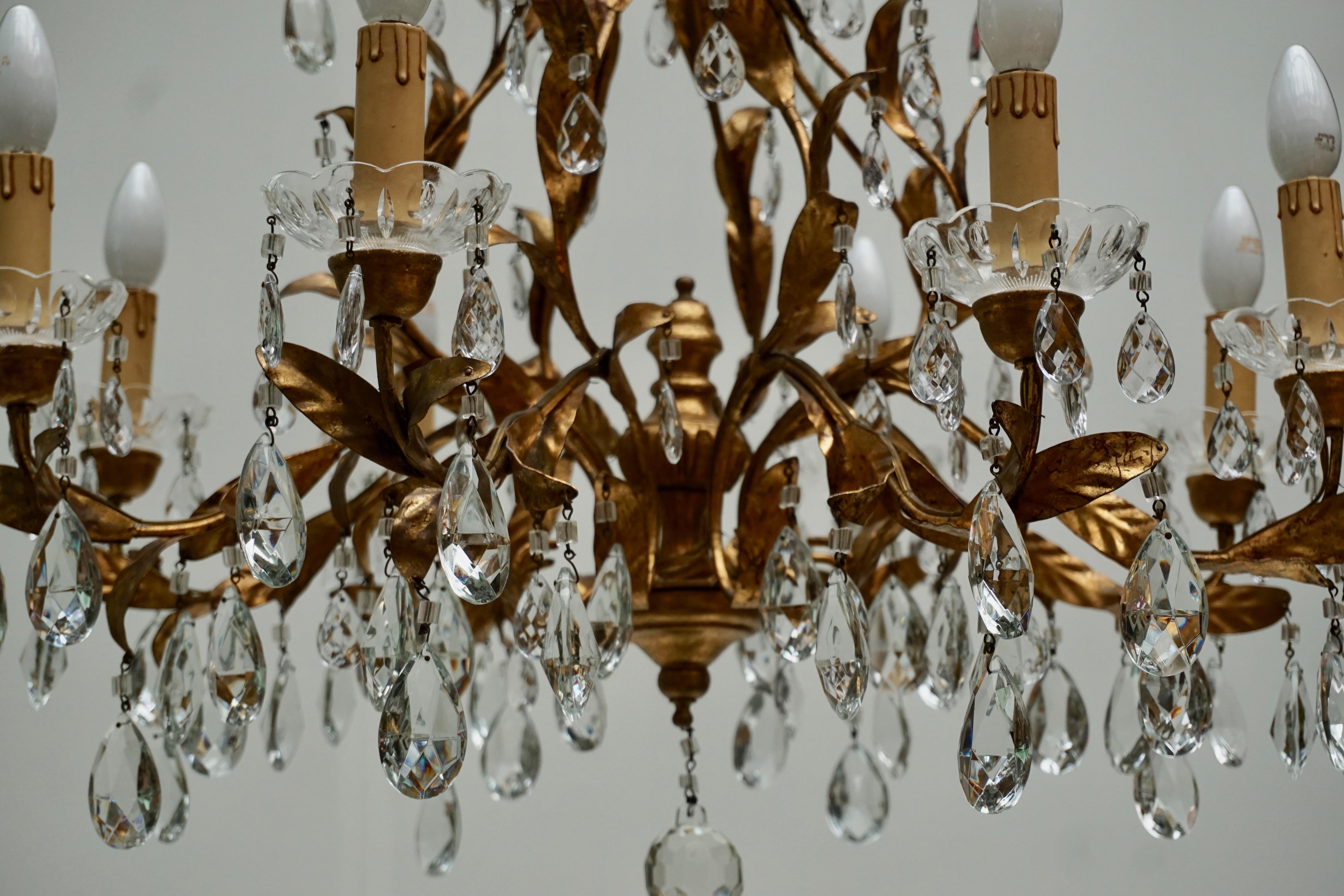 Gilded Brass Eight-Light Chandelier with Leaves and Crystal 5