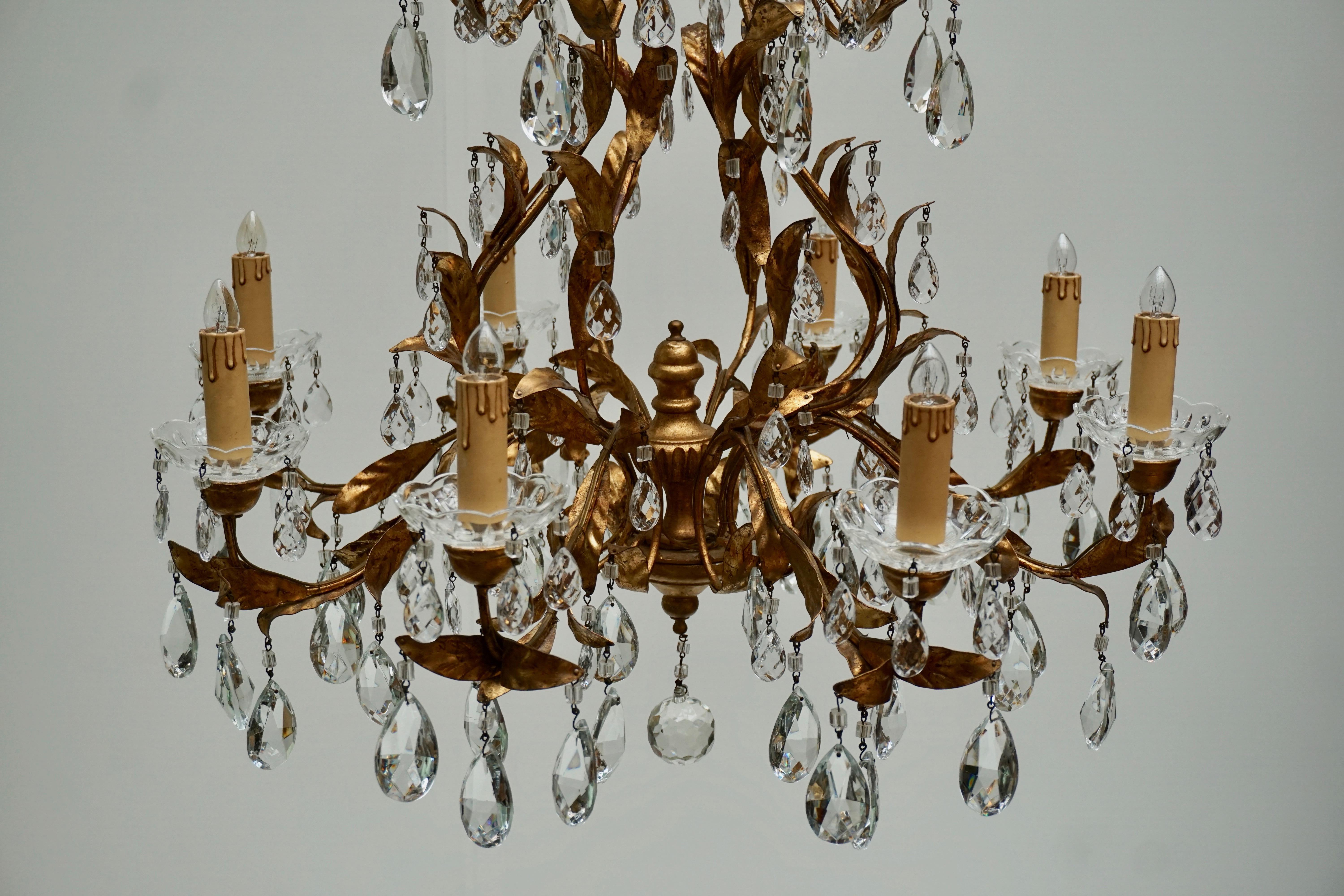 Gilded Brass Eight-Light Chandelier with Leaves and Crystal 7