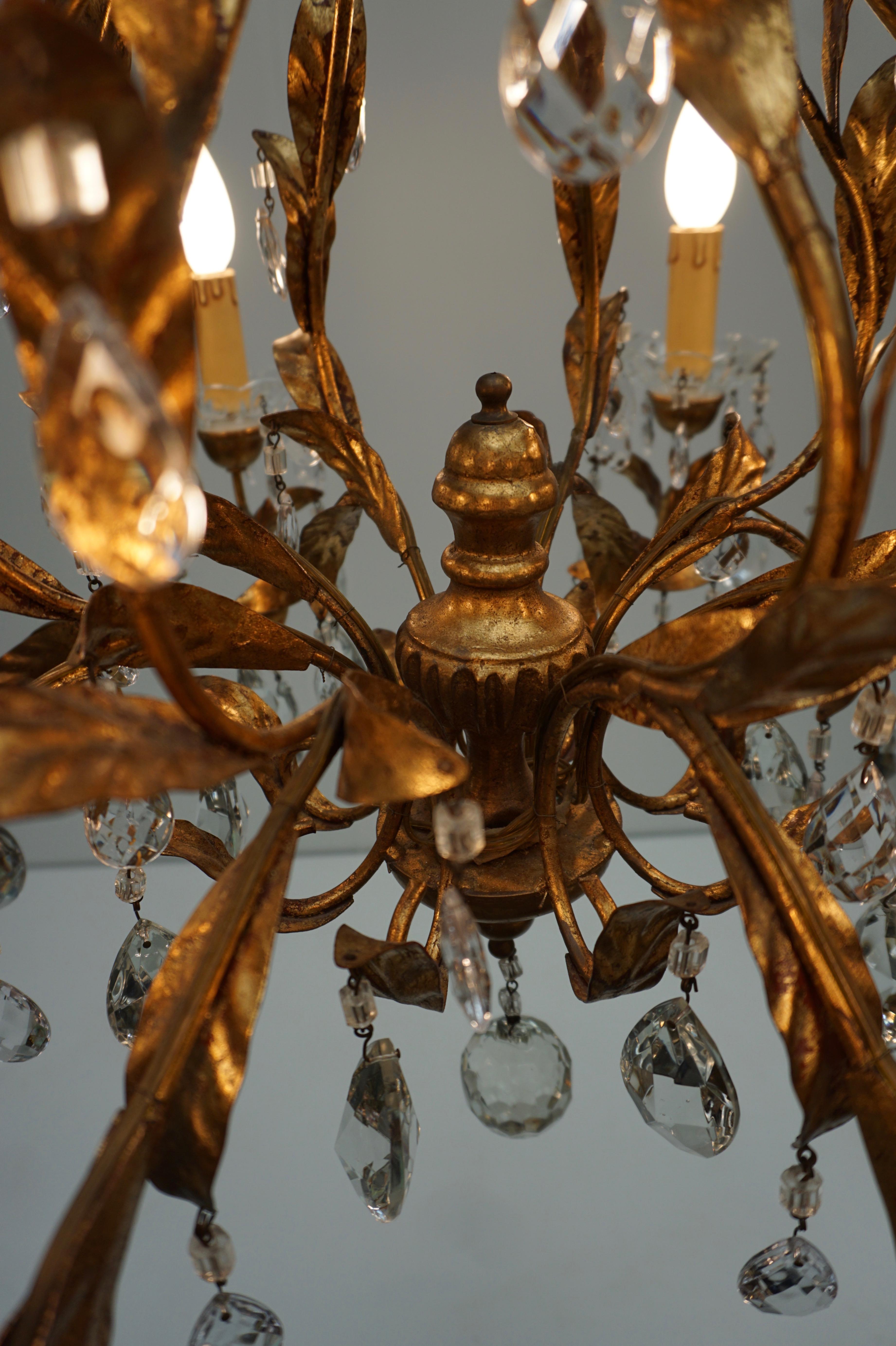 Gilded Brass Eight-Light Chandelier with Leaves and Crystal 9