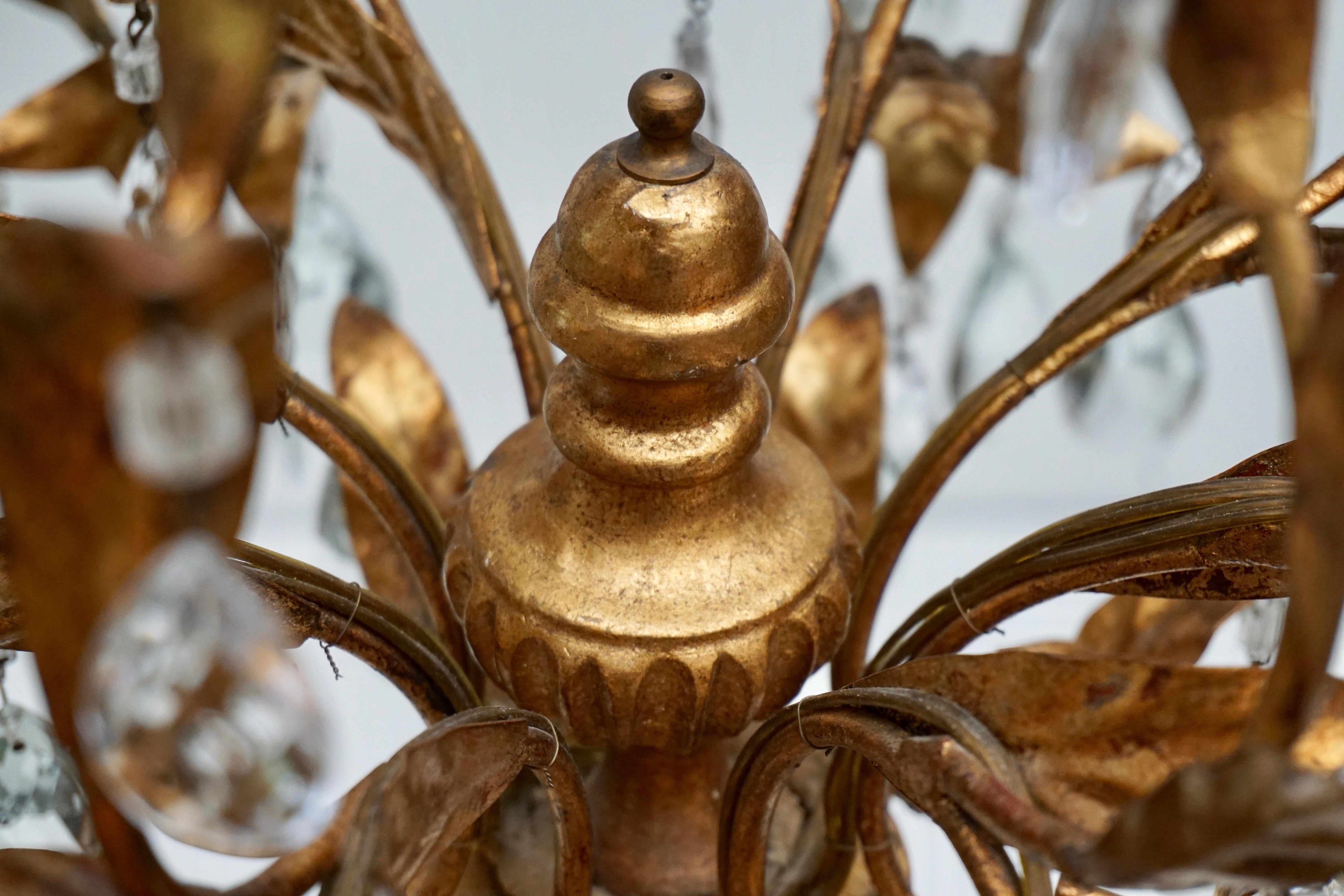 Gilded Brass Eight-Light Chandelier with Leaves and Crystal For Sale 11