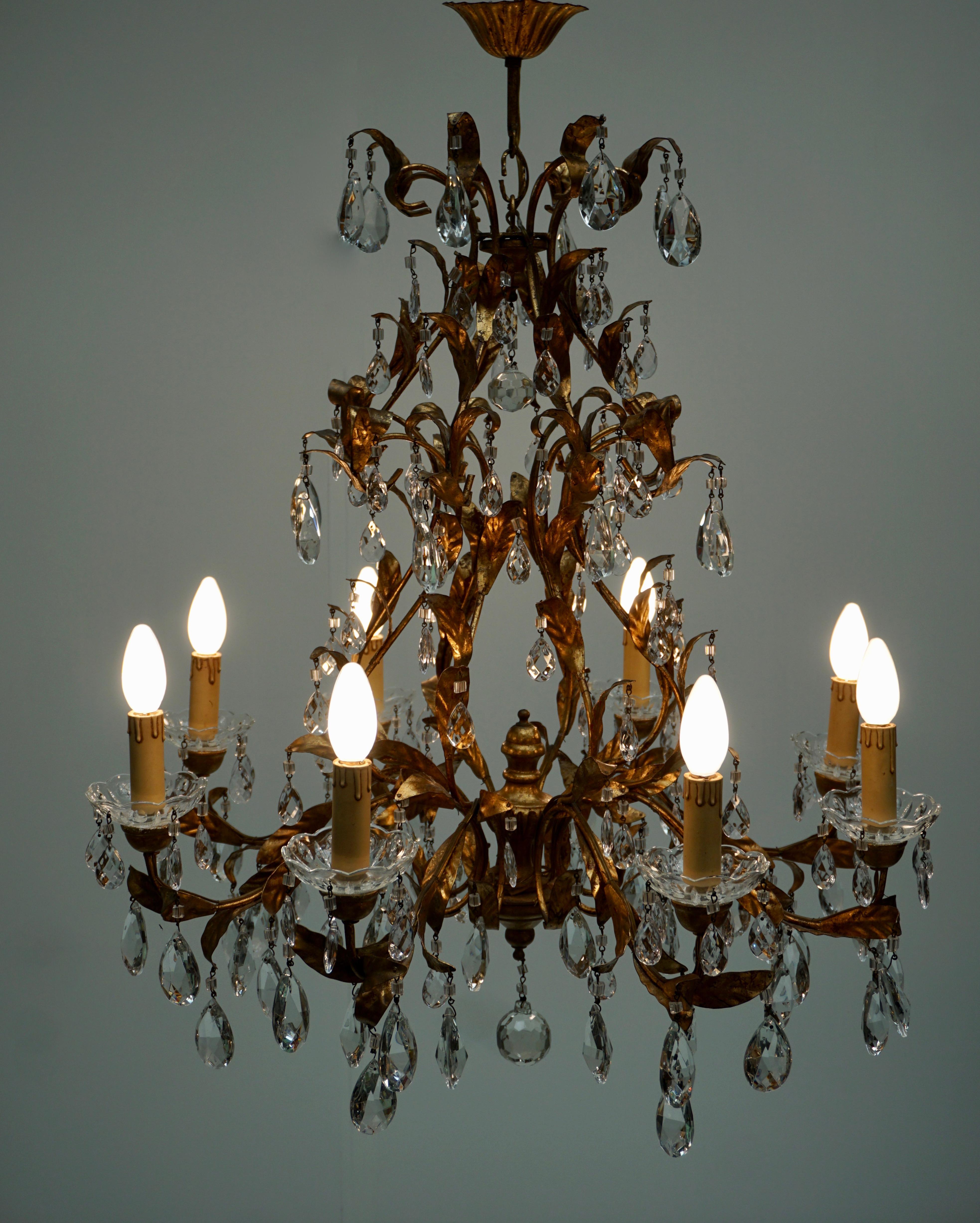 Gilt Gilded Brass Eight-Light Chandelier with Leaves and Crystal