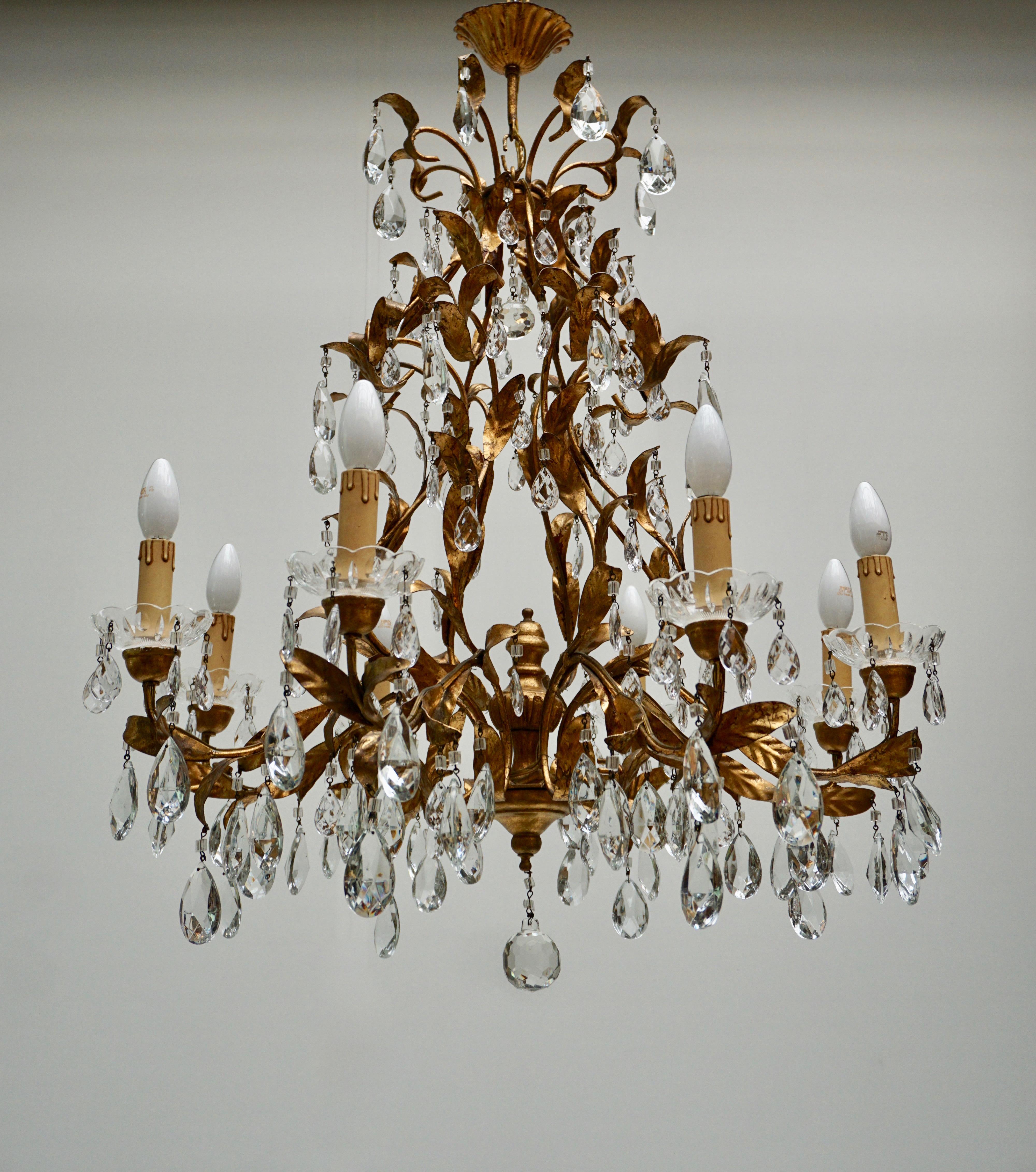 Gilded Brass Eight-Light Chandelier with Leaves and Crystal 2