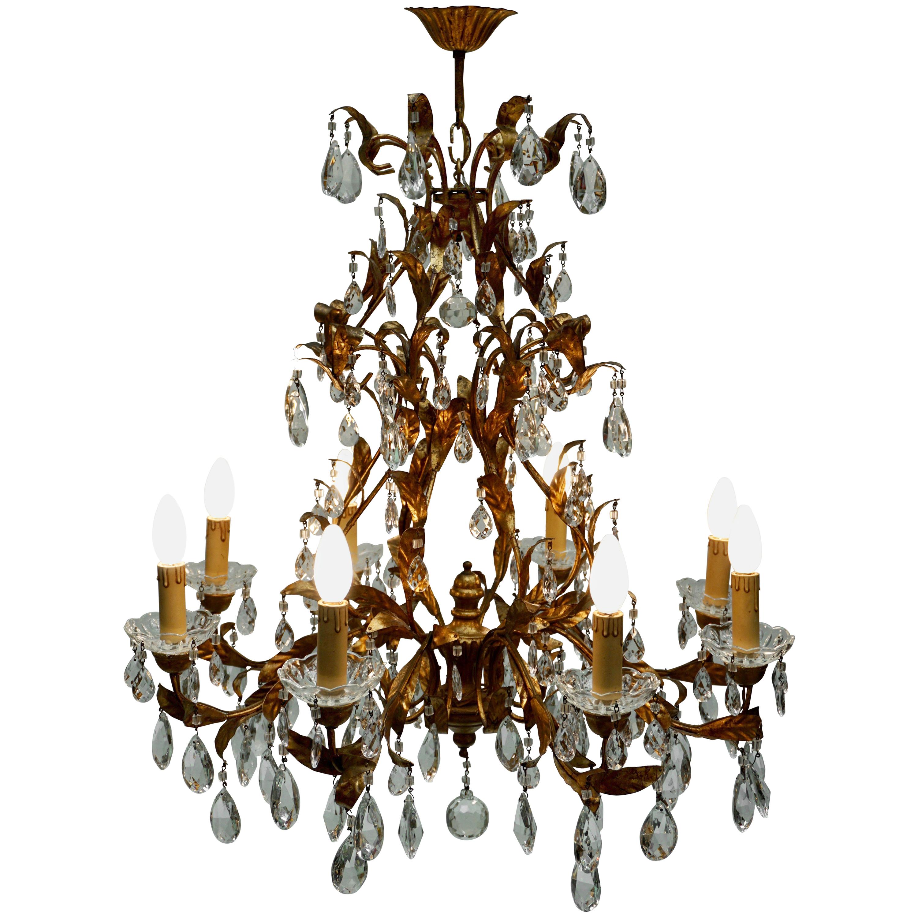 Gilded Brass Eight-Light Chandelier with Leaves and Crystal For Sale