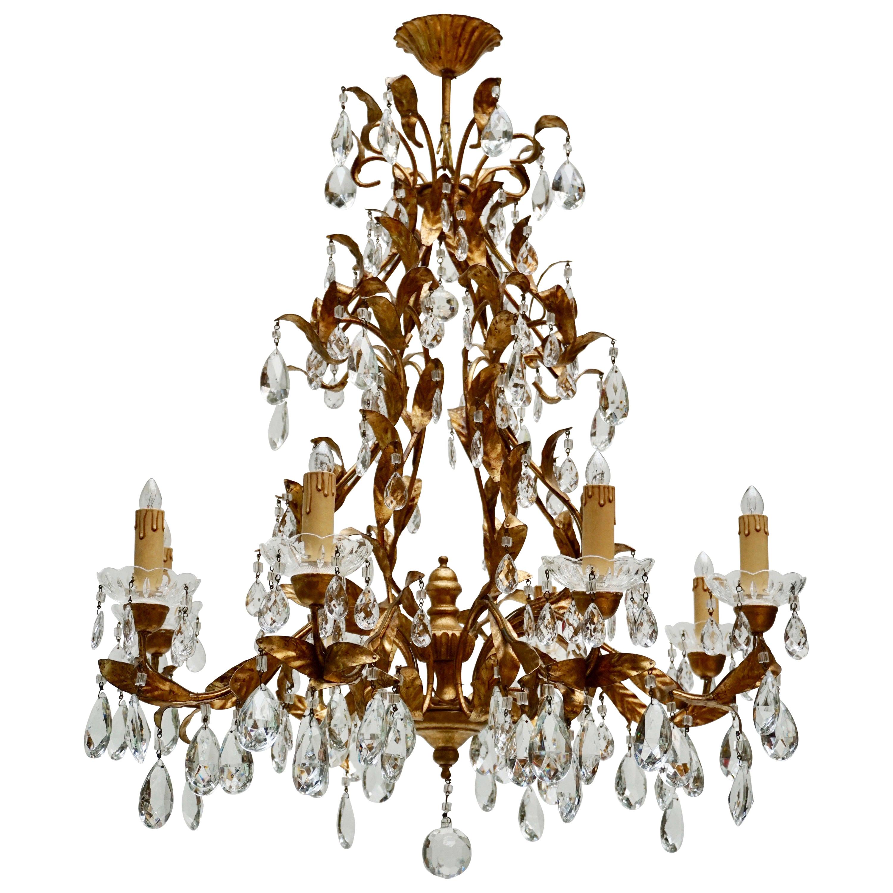 Gilded Brass Eight-Light Chandelier with Leaves and Crystal