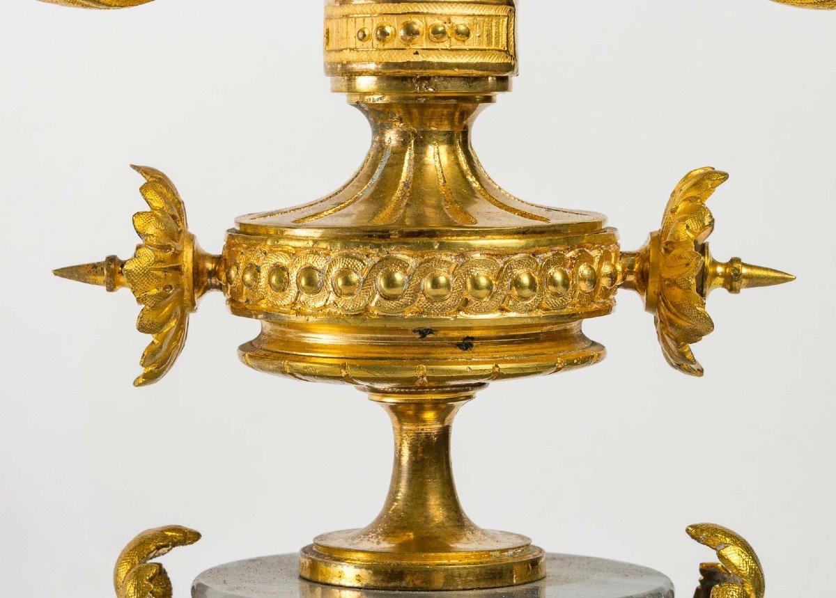 European Gilded Bronze and Blue Marble Mantel Set