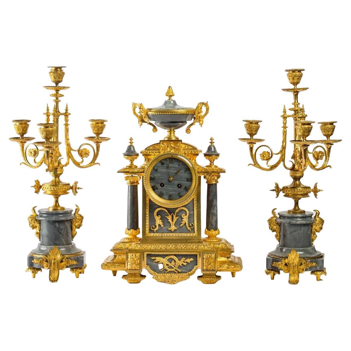 Gilded Bronze and Blue Marble Mantel Set