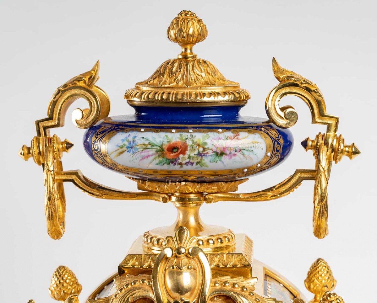 19th Century Gilded Bronze and Blue Porcelain Mantel Set