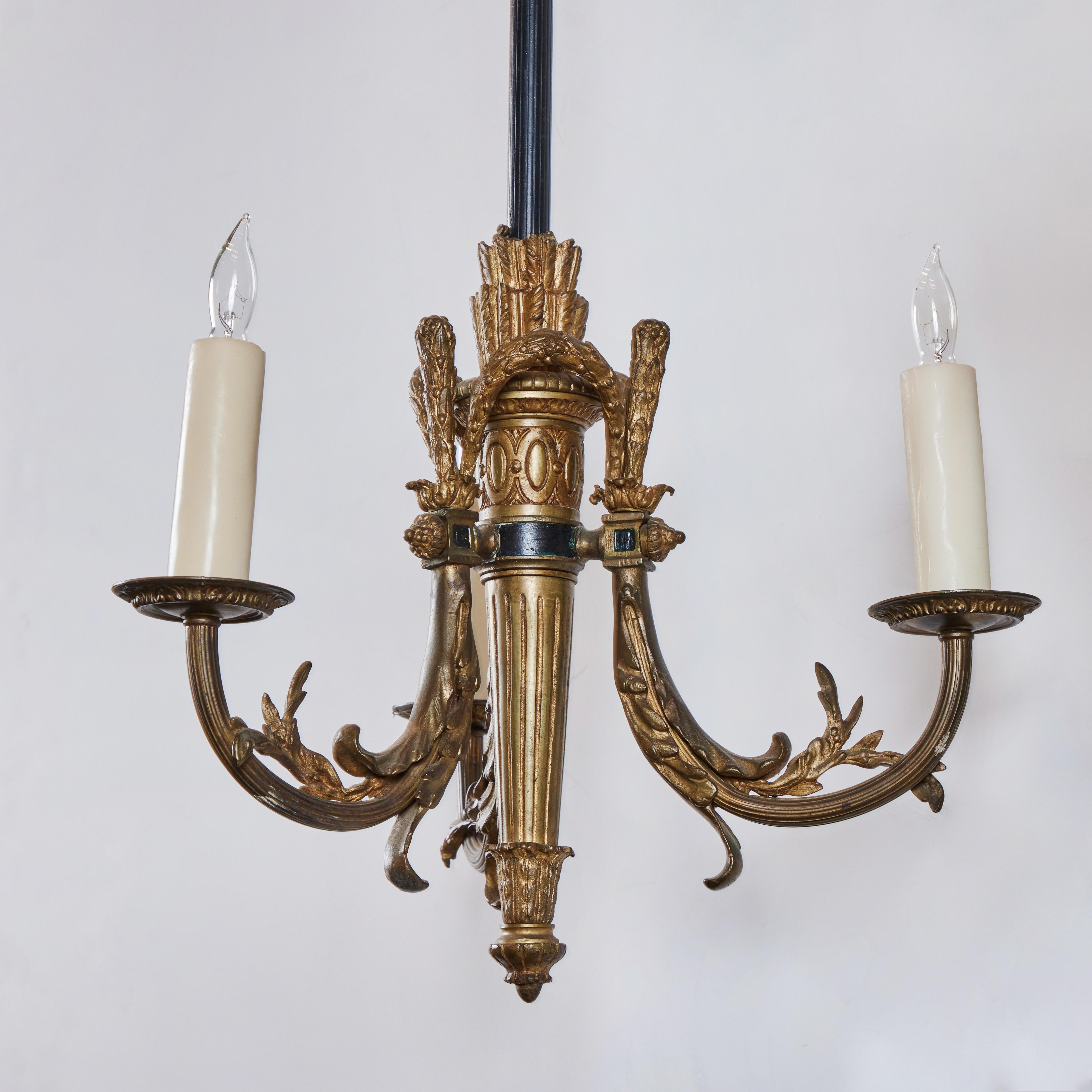 French Gilded Bronze and Iron 3 Arm Chandelier For Sale