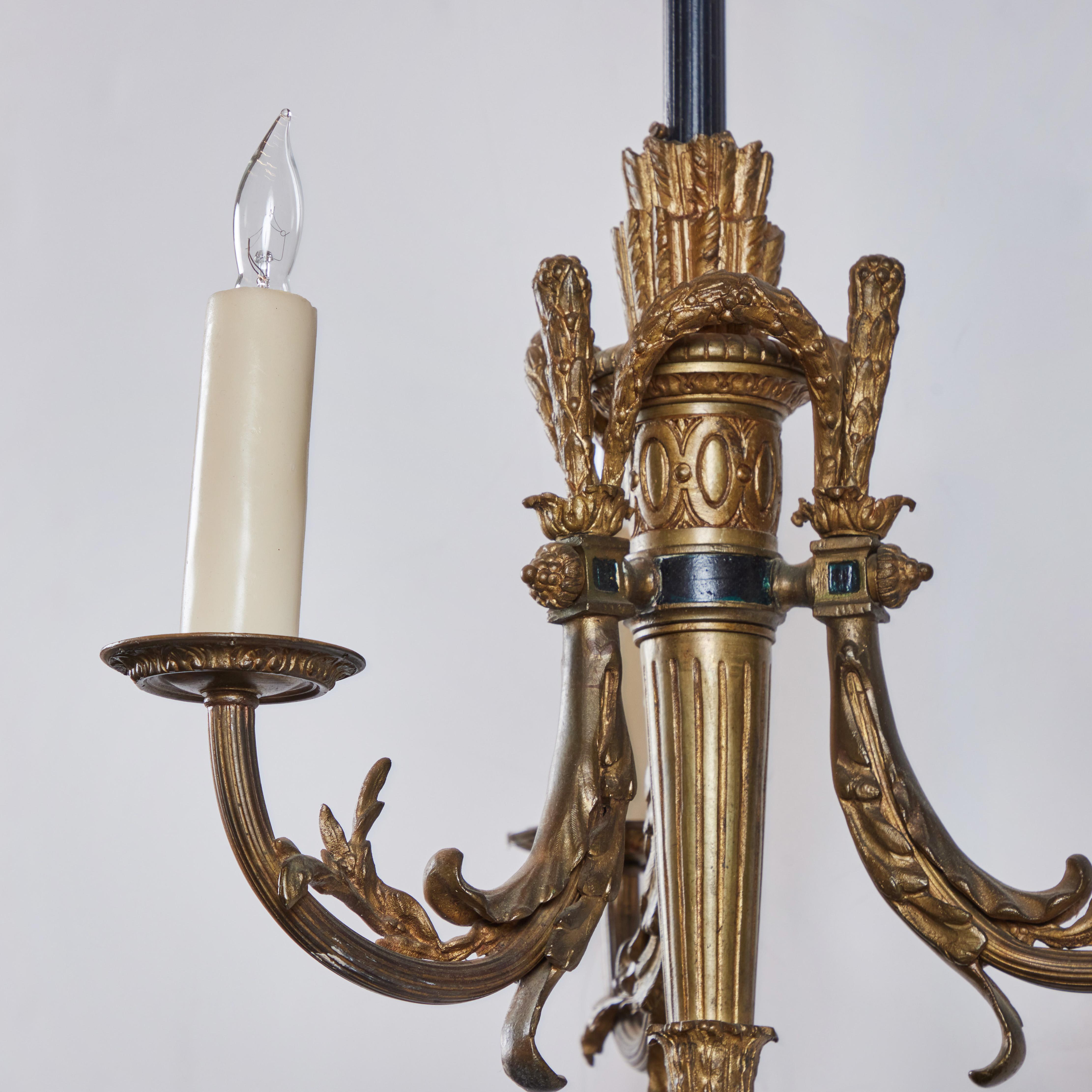 Gilt Gilded Bronze and Iron 3 Arm Chandelier For Sale