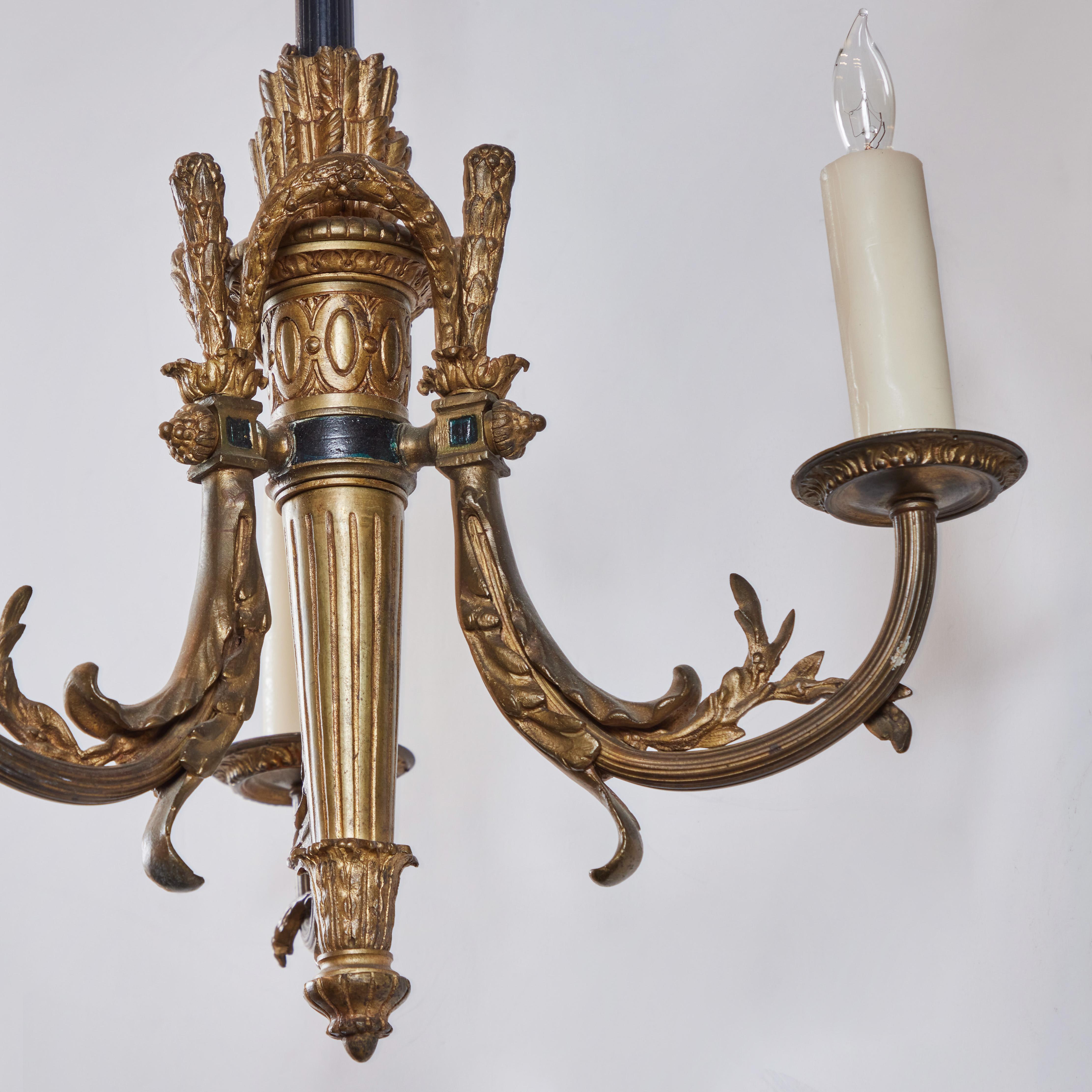 Gilded Bronze and Iron 3 Arm Chandelier In Good Condition For Sale In Newport Beach, CA