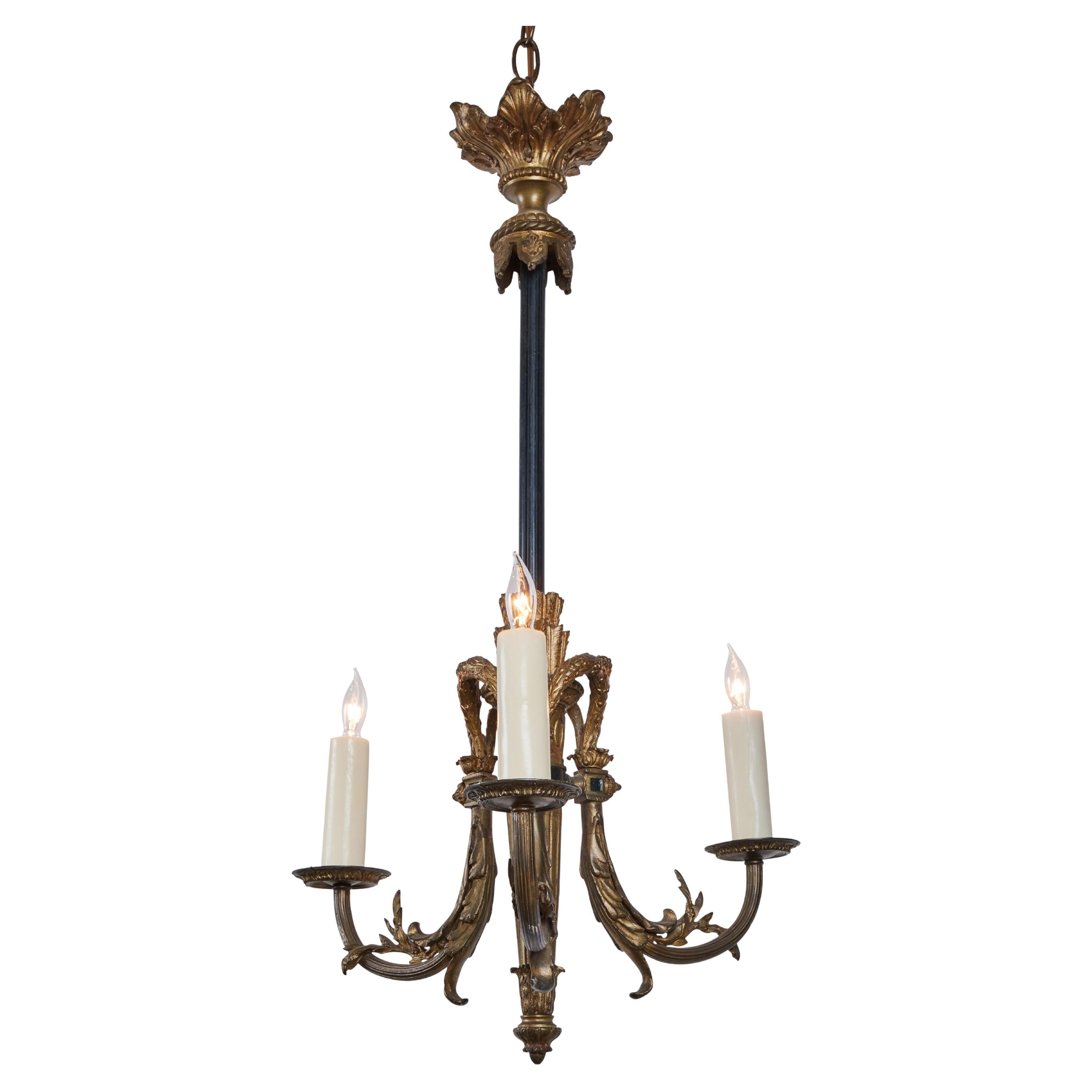 Gilded Bronze and Iron 3 Arm Chandelier For Sale