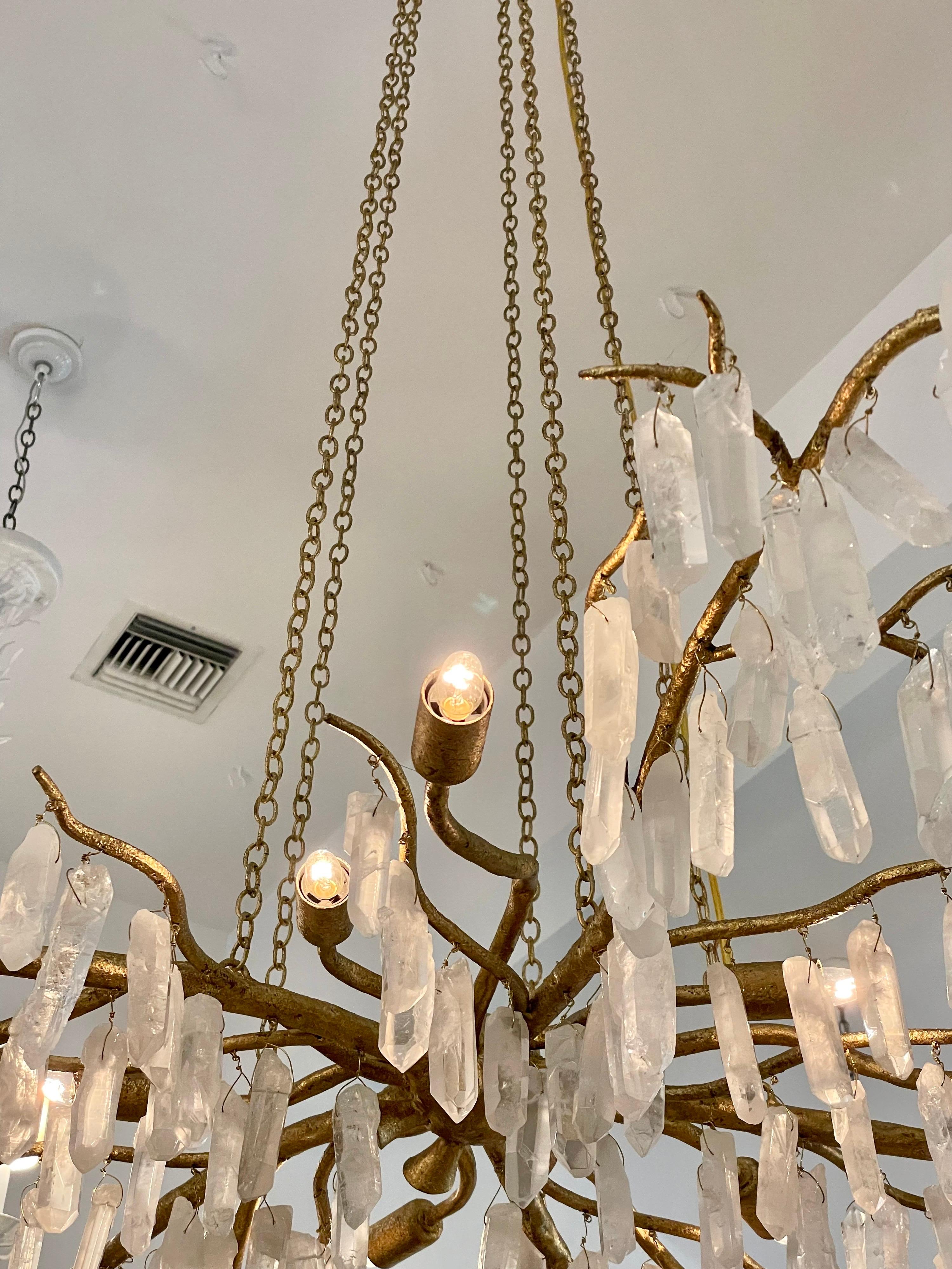 American Gilded Bronze and Quartz Crystal Branch Style Chandelier