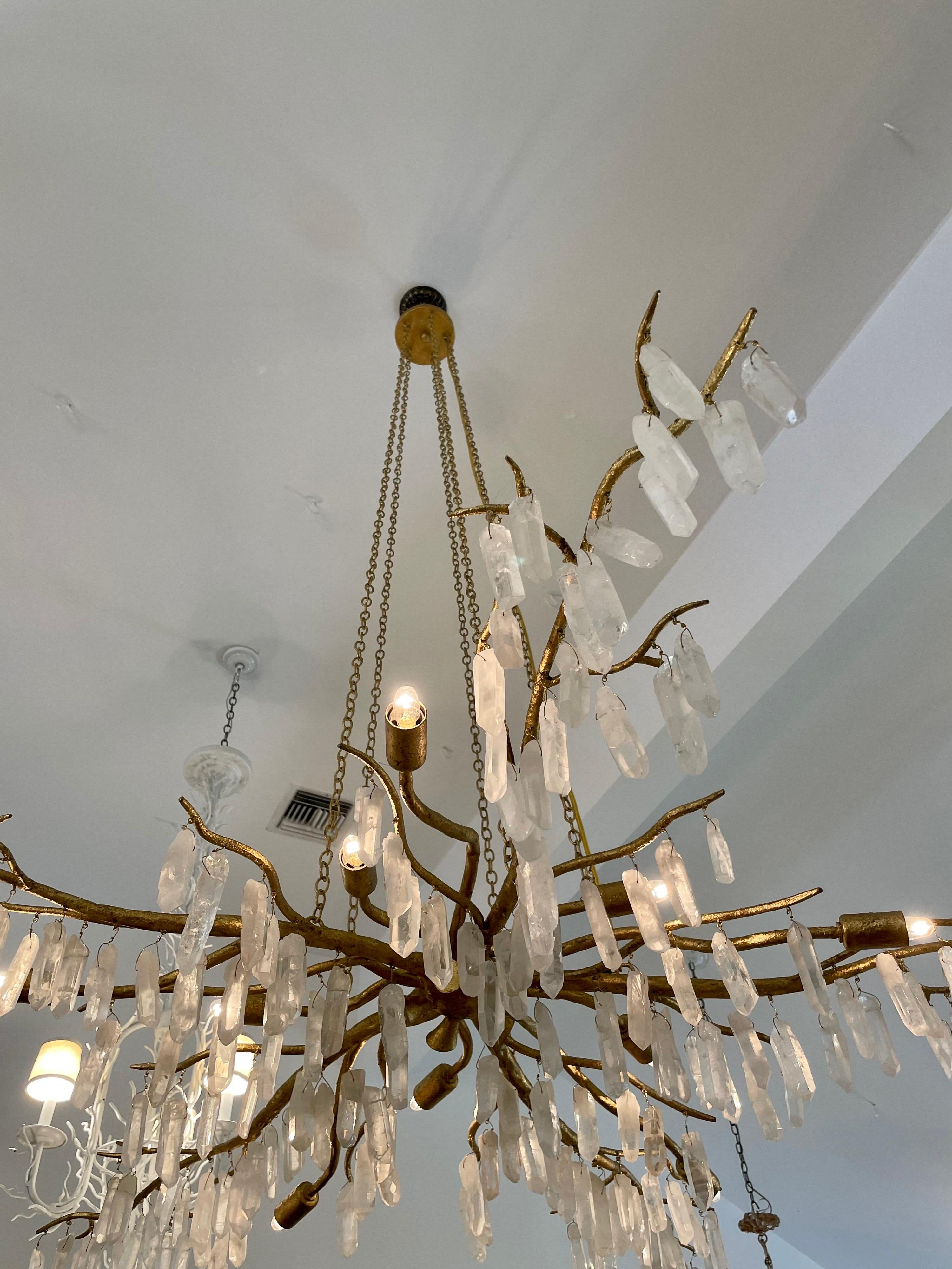 Gilded Bronze and Quartz Crystal Branch Style Chandelier In Good Condition In East Hampton, NY