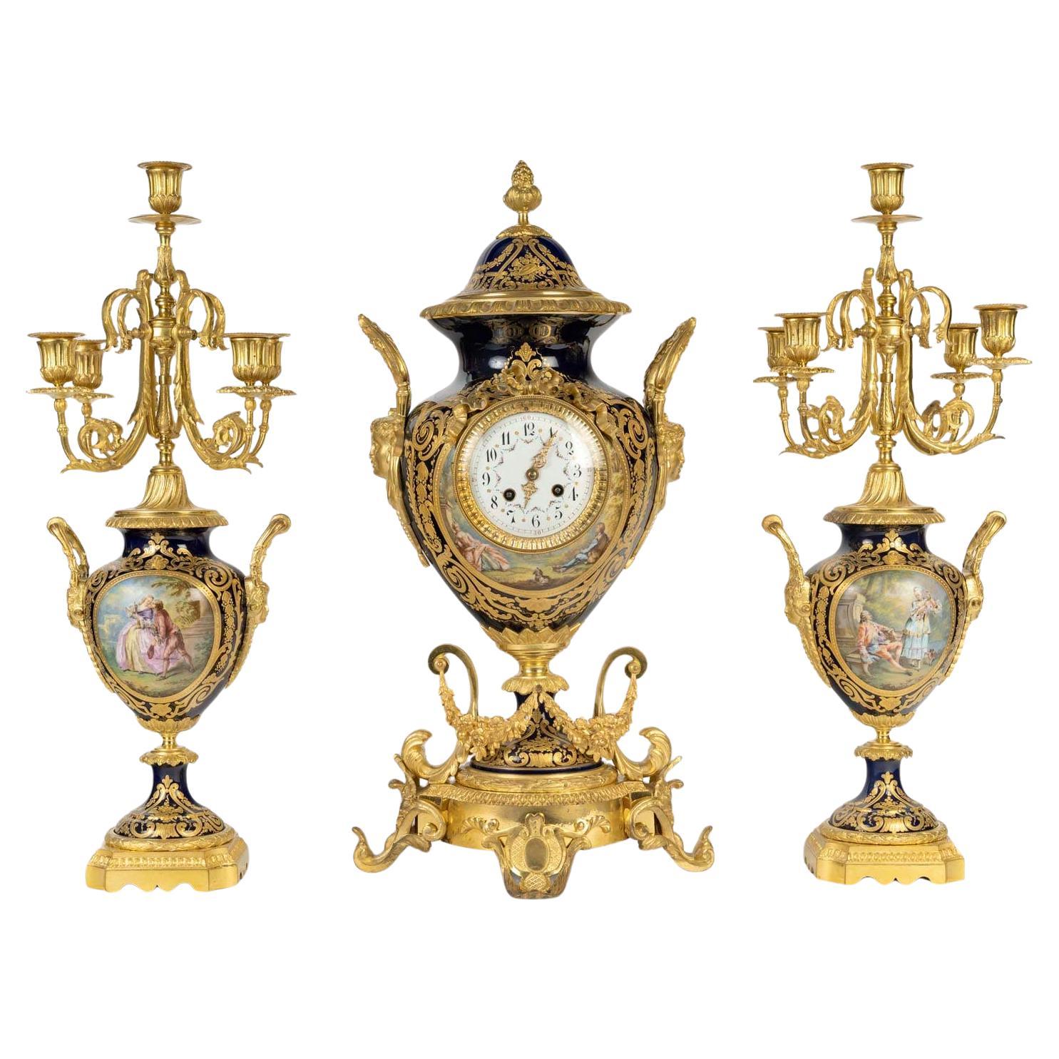 Gilded Bronze and Sèvres Porcelain Mantel Set, 19th Century, Napoleon III Period
