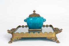 Gilded Bronze and Turquoise Enameled Earthenware Inkstand By Theodore Deck.