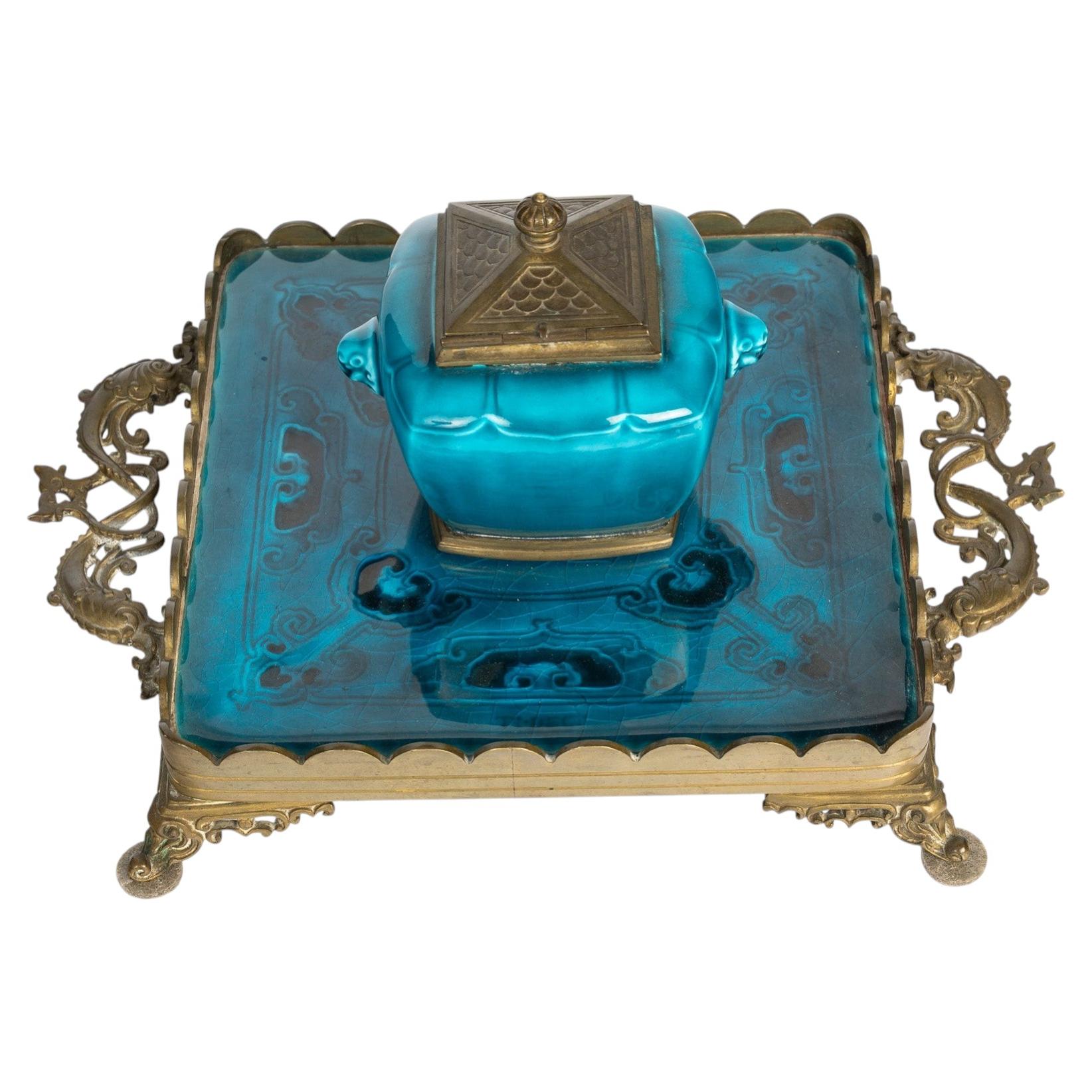 Gilded Bronze and Turquoise Enameled Earthenware Inkstand By Theodore Deck.