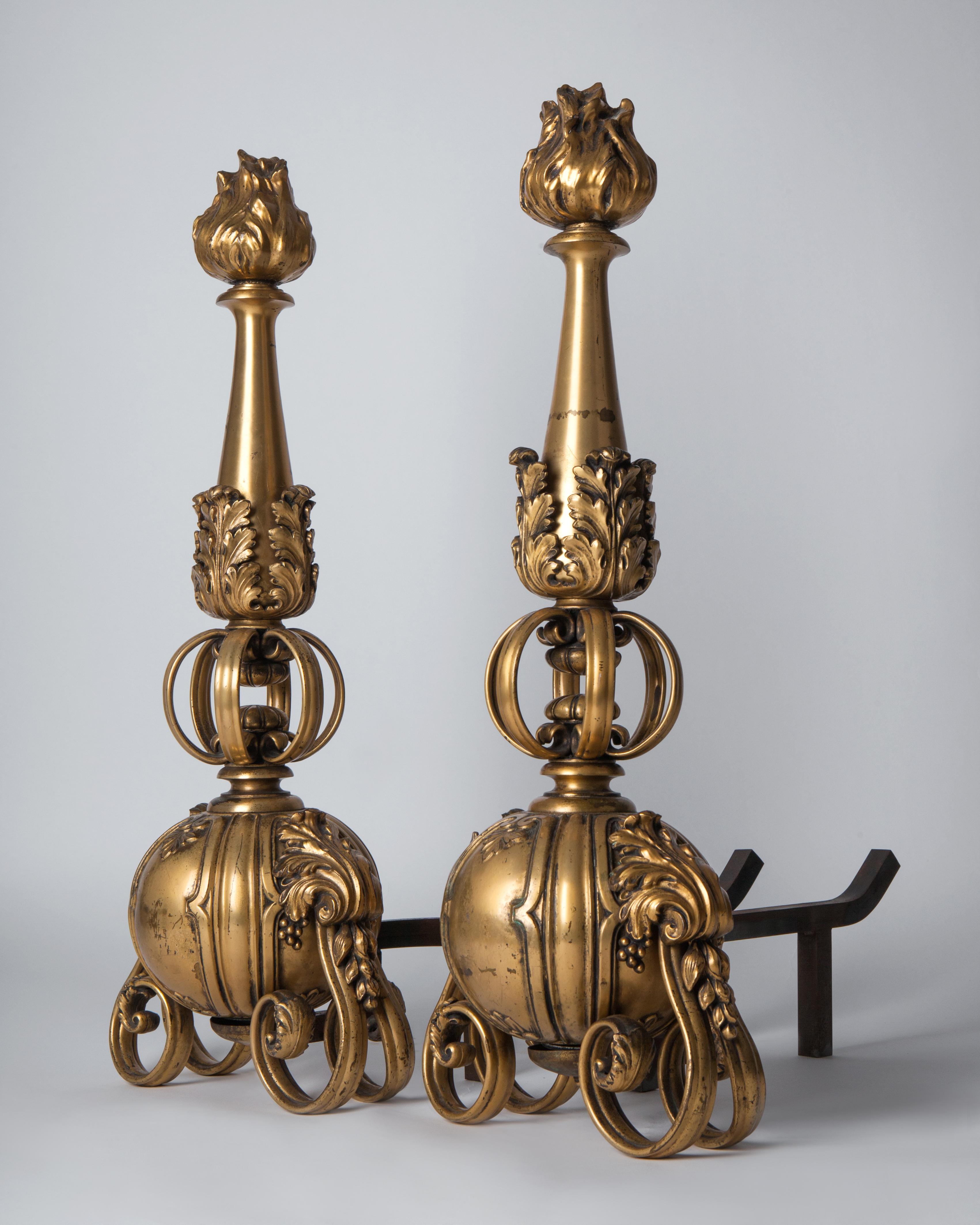 American Gilded Bronze Andirons with Scrolls Attributed to Sterling Bronze Co. Circa 1920 For Sale