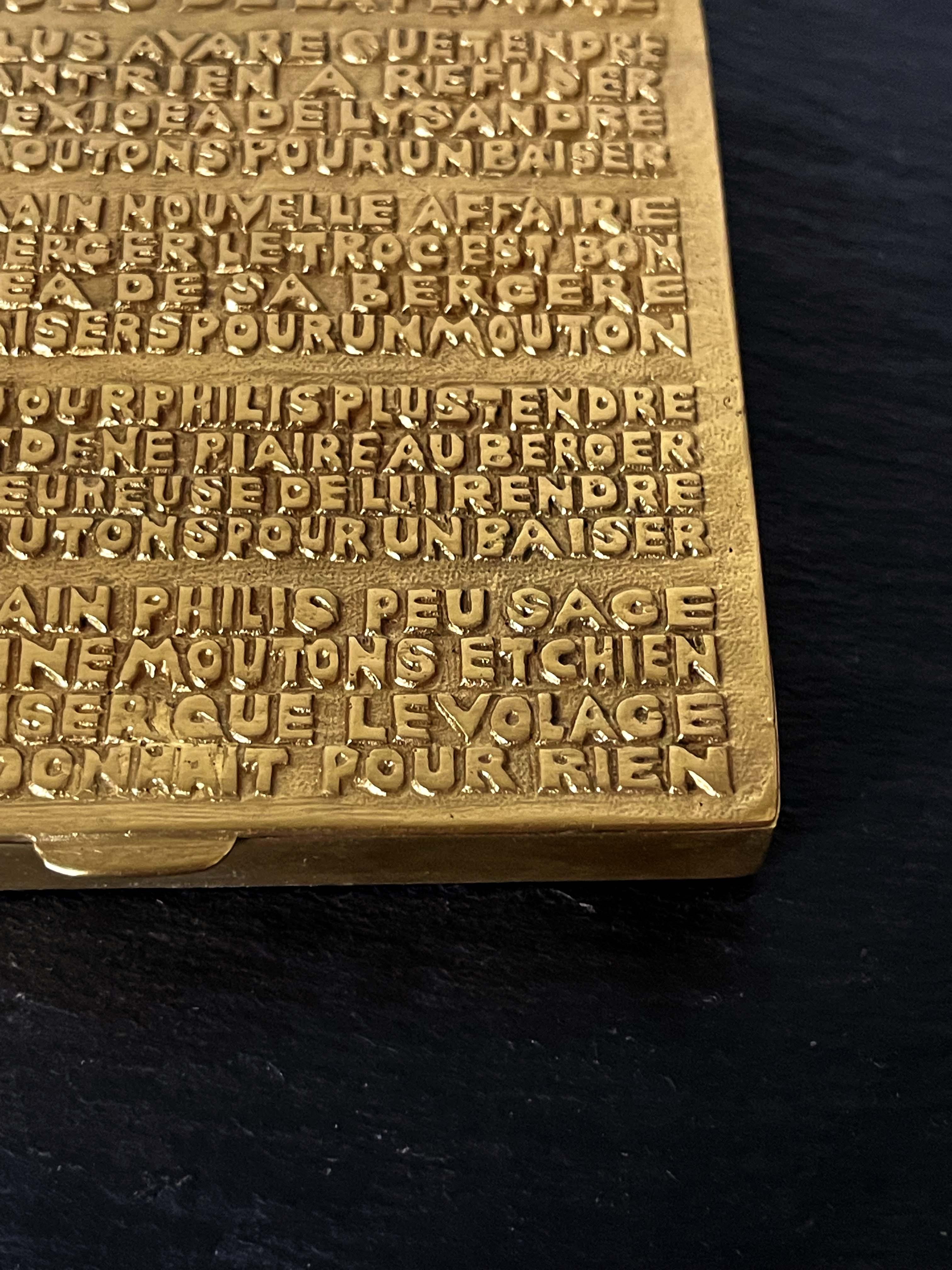 Gilded Bronze Box with Poem by French Art Jeweler Line Vautrin In Good Condition For Sale In Atlanta, GA