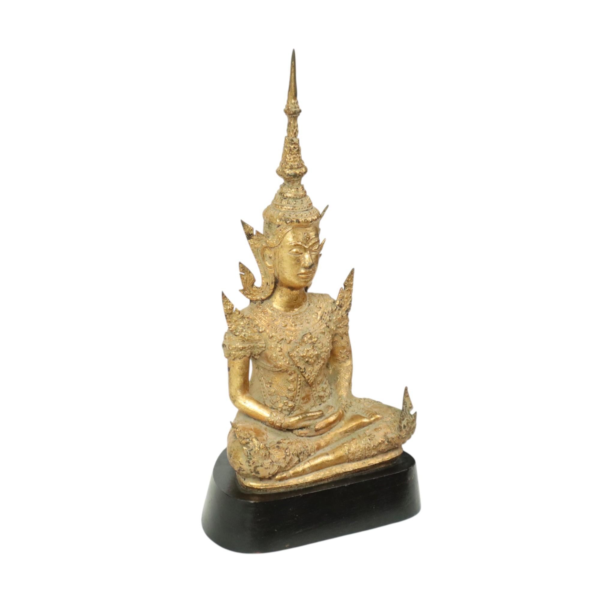Cast Gilded Bronze Buddha on Wooden Base Thailand Circa 1900 For Sale