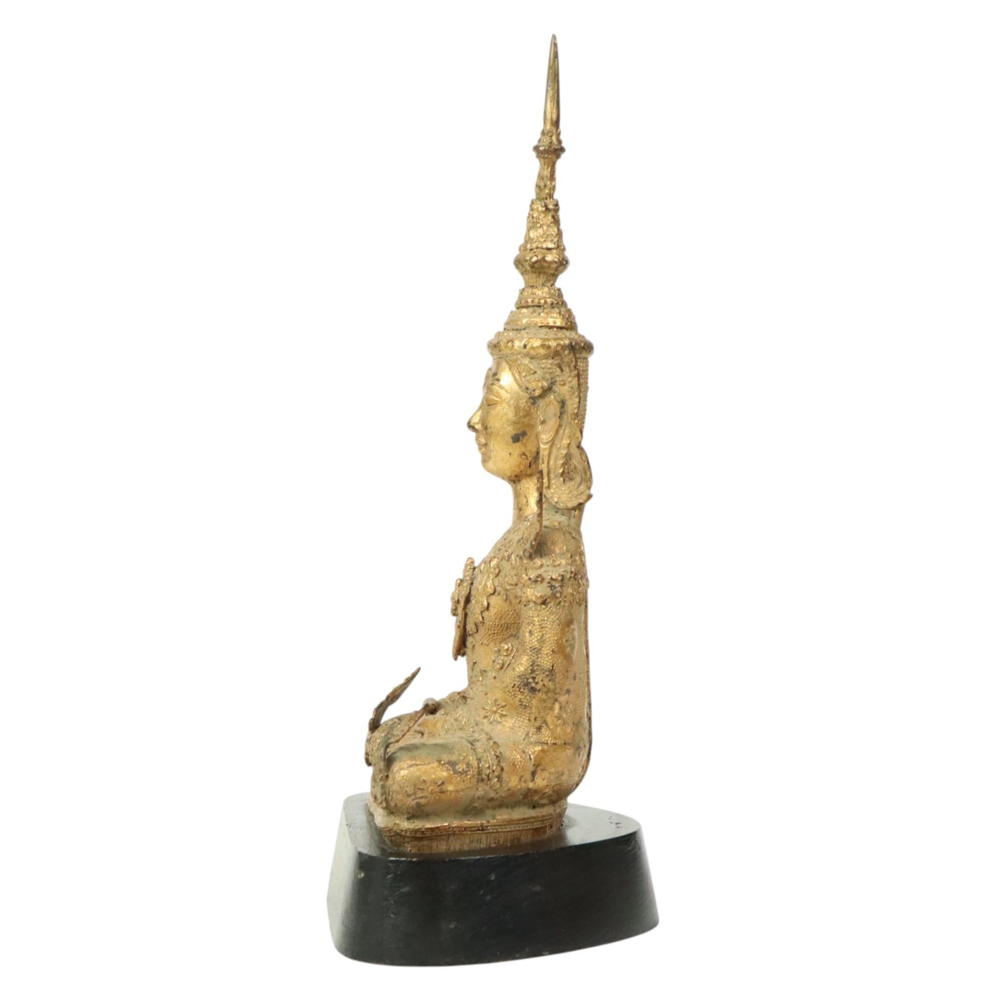 Gilded Bronze Buddha on Wooden Base Thailand Circa 1900 For Sale 1