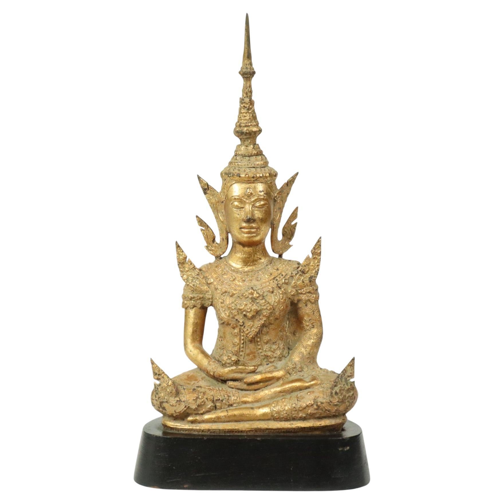Gilded Bronze Buddha on Wooden Base Thailand Circa 1900 For Sale