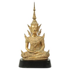 Gilded Bronze Buddha on Wooden Base Thailand Circa 1900