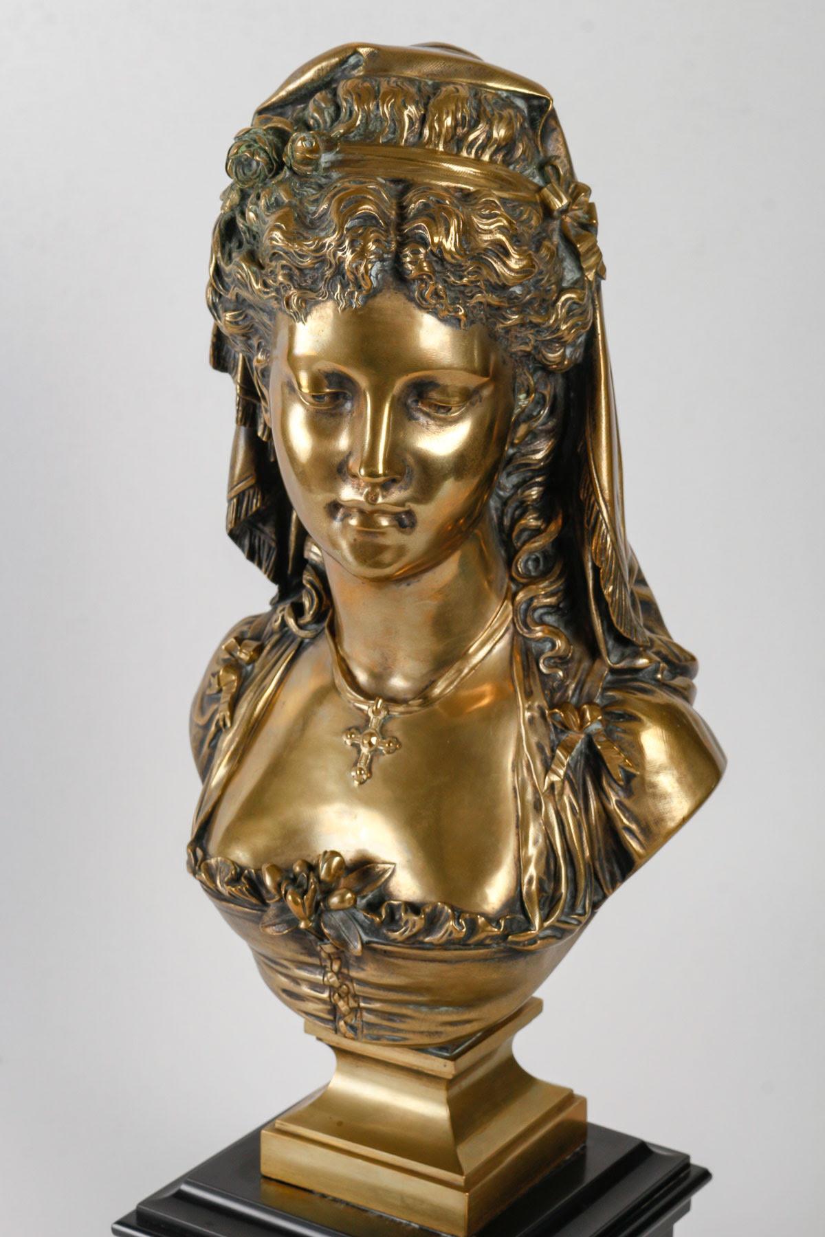 French Gilded Bronze Bust of a Courtesan by Eugène Antoine François Aizelin. For Sale