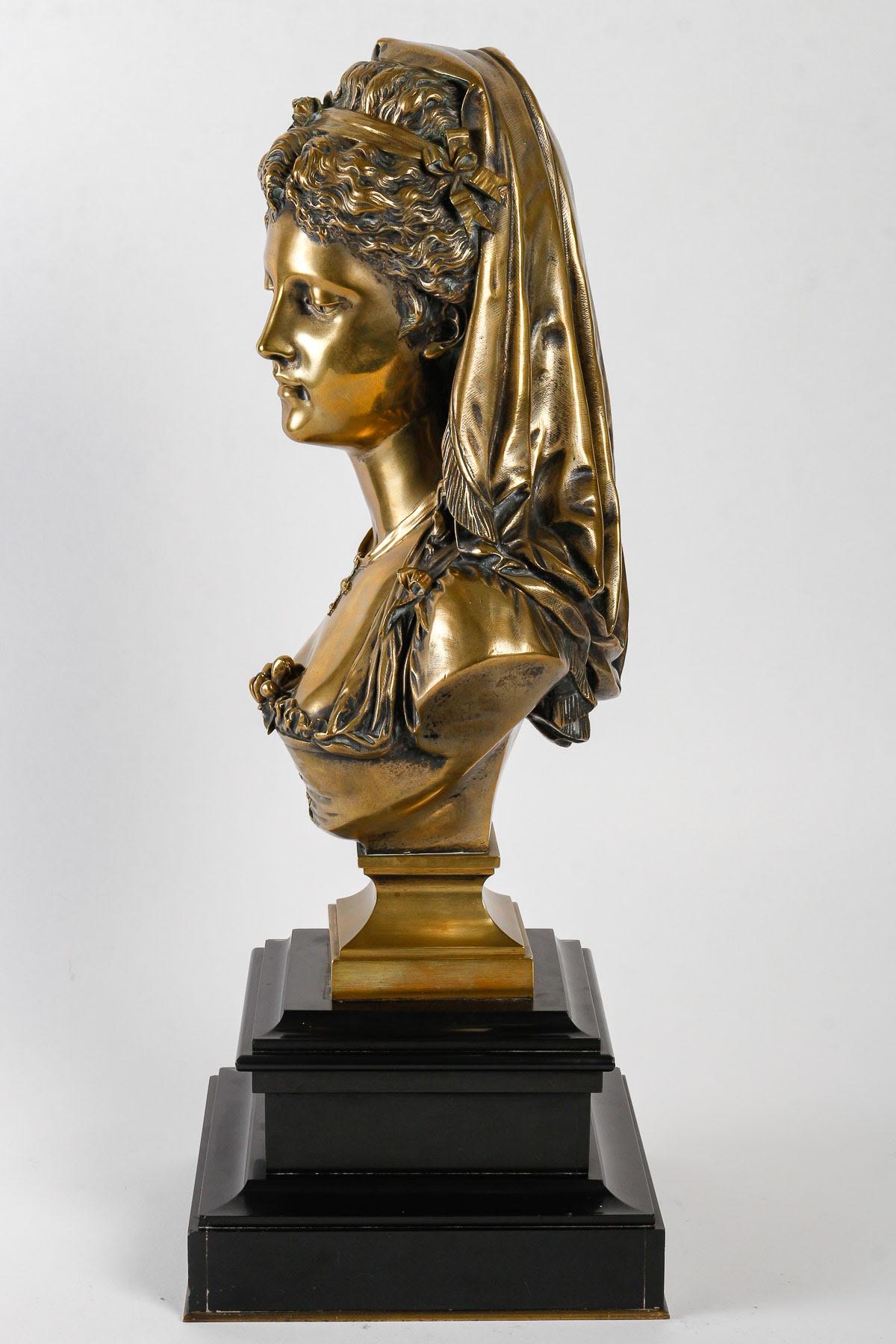 19th Century Gilded Bronze Bust of a Courtesan by Eugène Antoine François Aizelin. For Sale