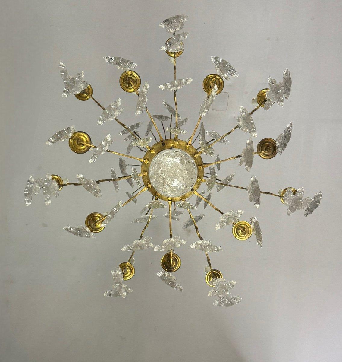 Lampadario a gabbia in bronzo dorato con nappe in vetro con piume di pavone Circa 1800 in vendita 5