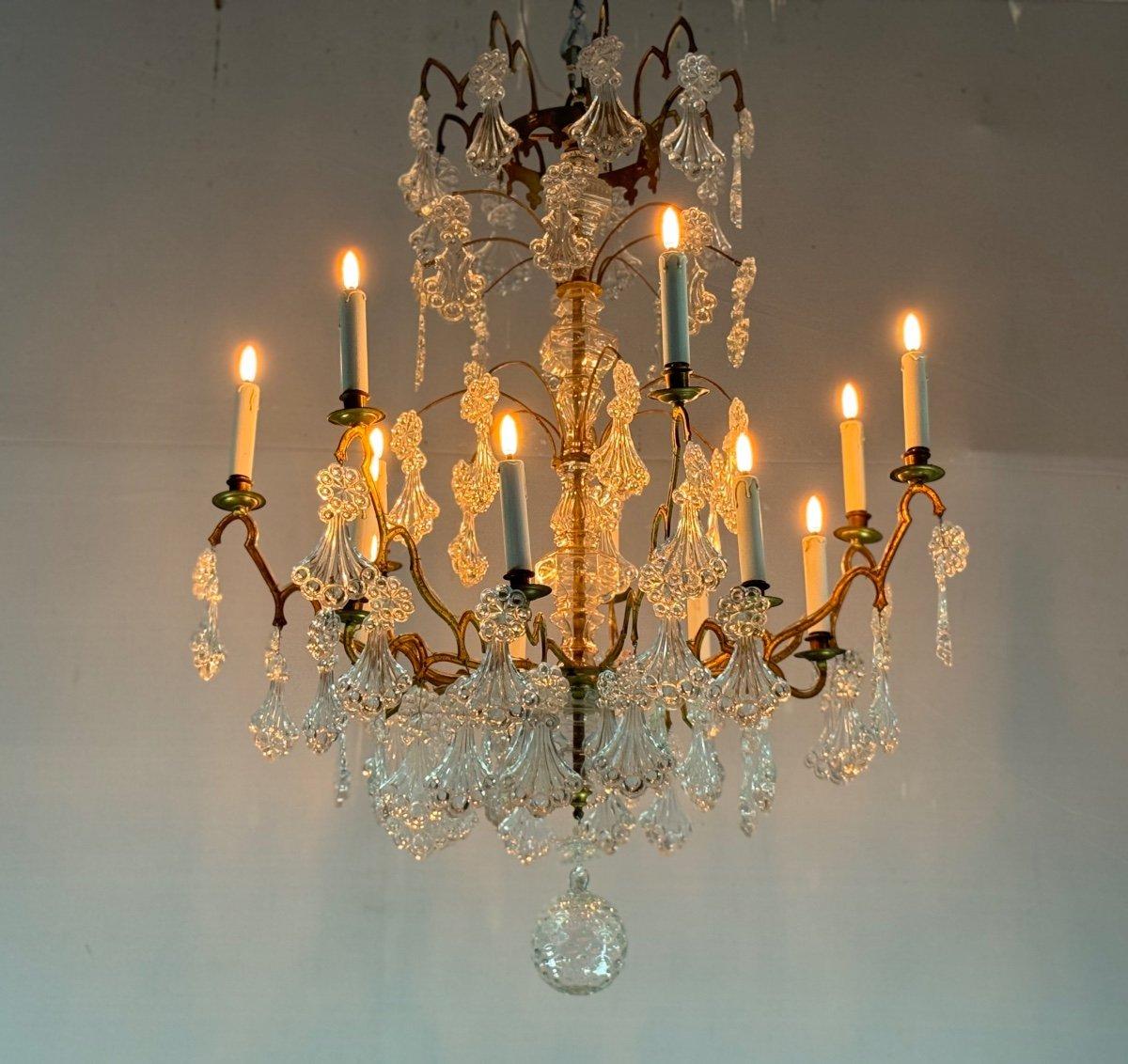 Lampadario a gabbia in bronzo dorato con nappe in vetro con piume di pavone Circa 1800 in vendita 6