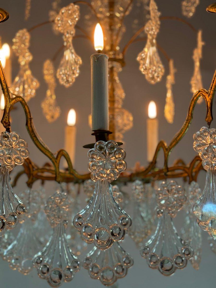Luigi XV Lampadario a gabbia in bronzo dorato con nappe in vetro con piume di pavone Circa 1800 in vendita