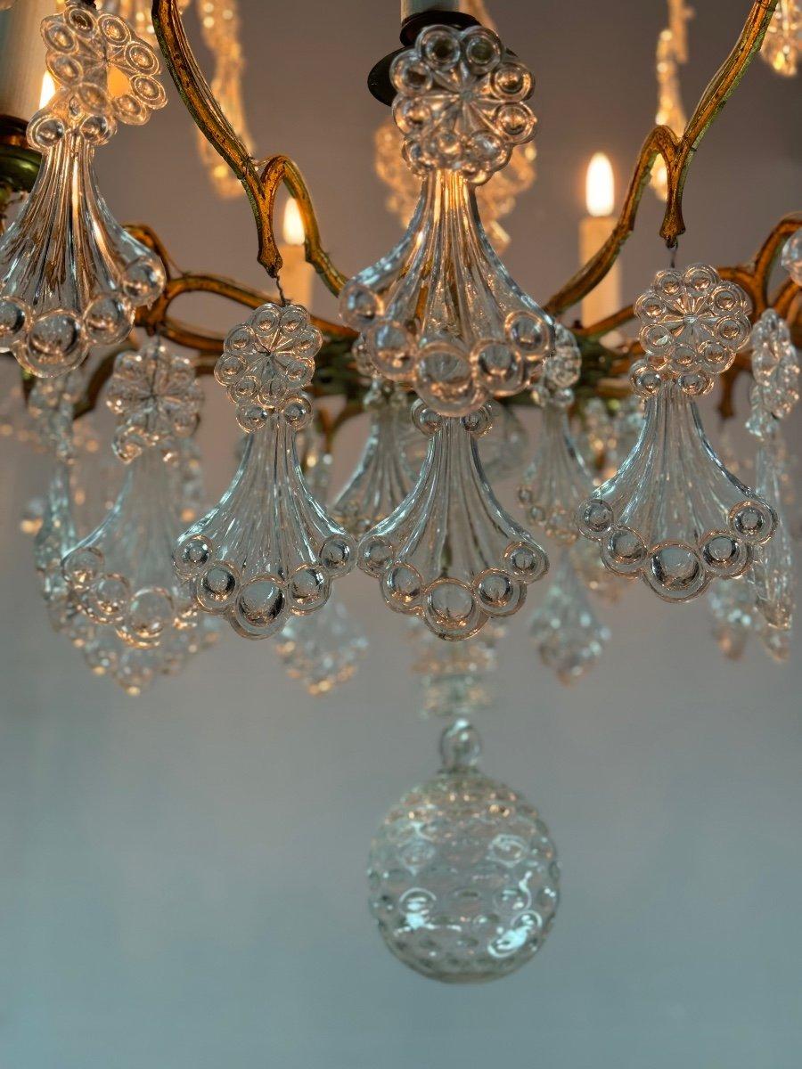 Lampadario a gabbia in bronzo dorato con nappe in vetro con piume di pavone Circa 1800 In condizioni ottime in vendita a Honnelles, WHT