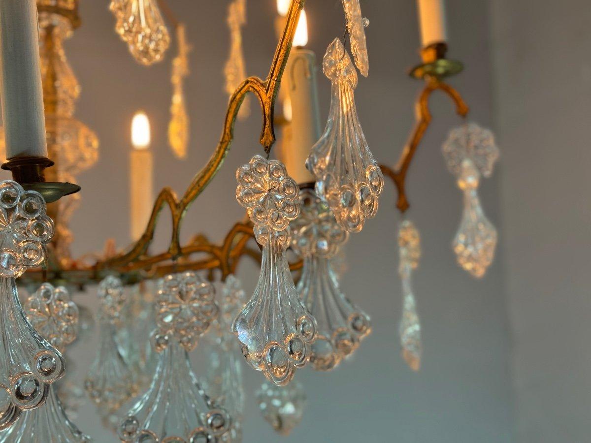 Lampadario a gabbia in bronzo dorato con nappe in vetro con piume di pavone Circa 1800 in vendita 1