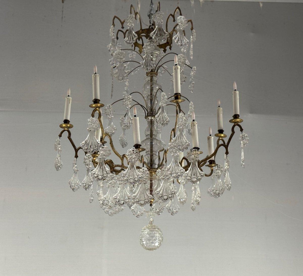 Lampadario a gabbia in bronzo dorato con nappe in vetro con piume di pavone Circa 1800 in vendita 3