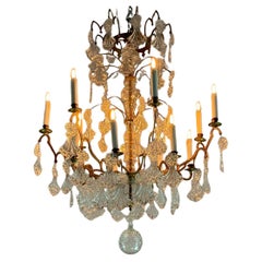 Gilded Bronze Cage Chandelier With Peacock Feather Glass Tassels Circa 1800