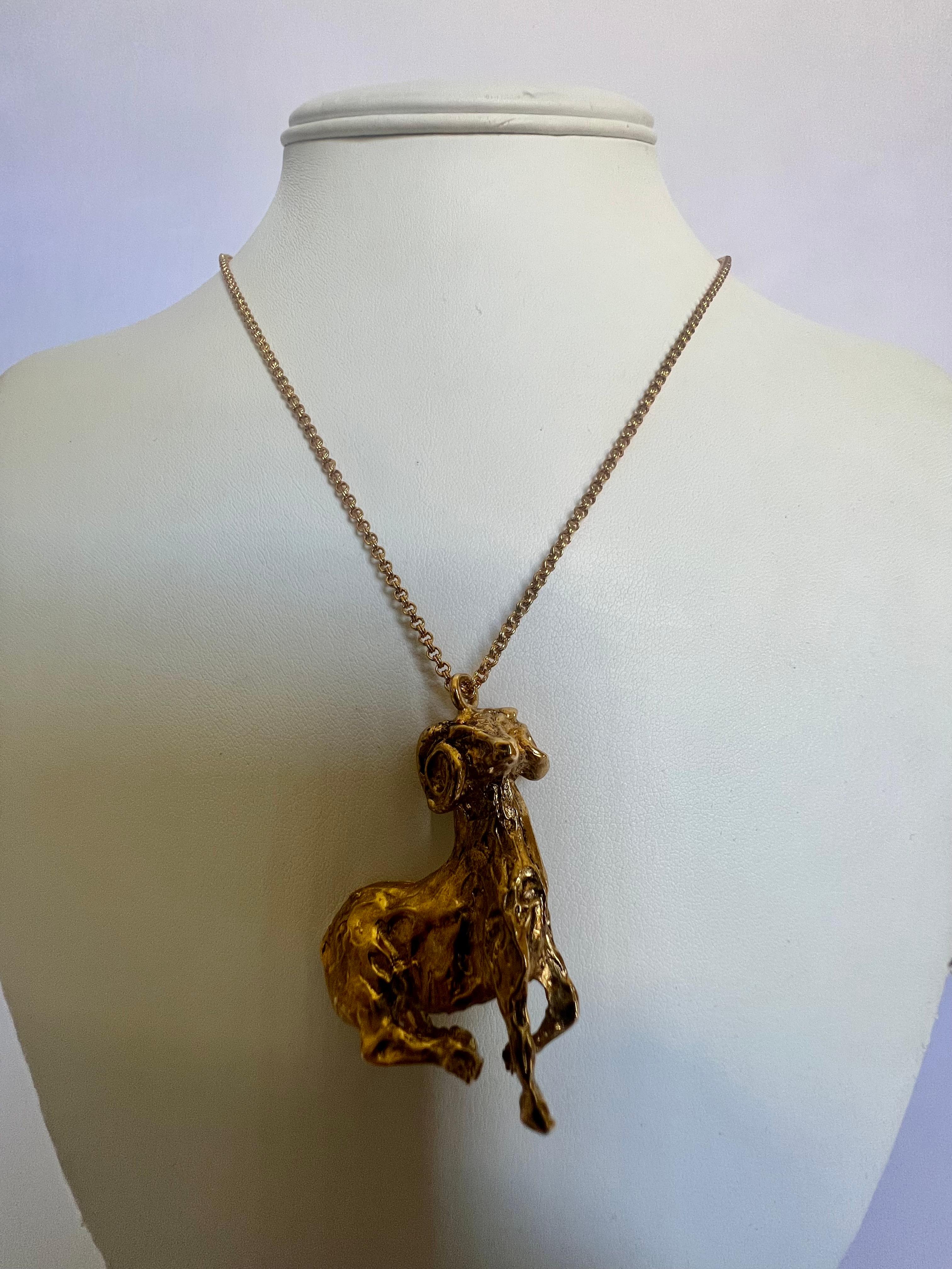 Artisan Gilded Bronze Capricorn French Pendant Necklace  For Sale