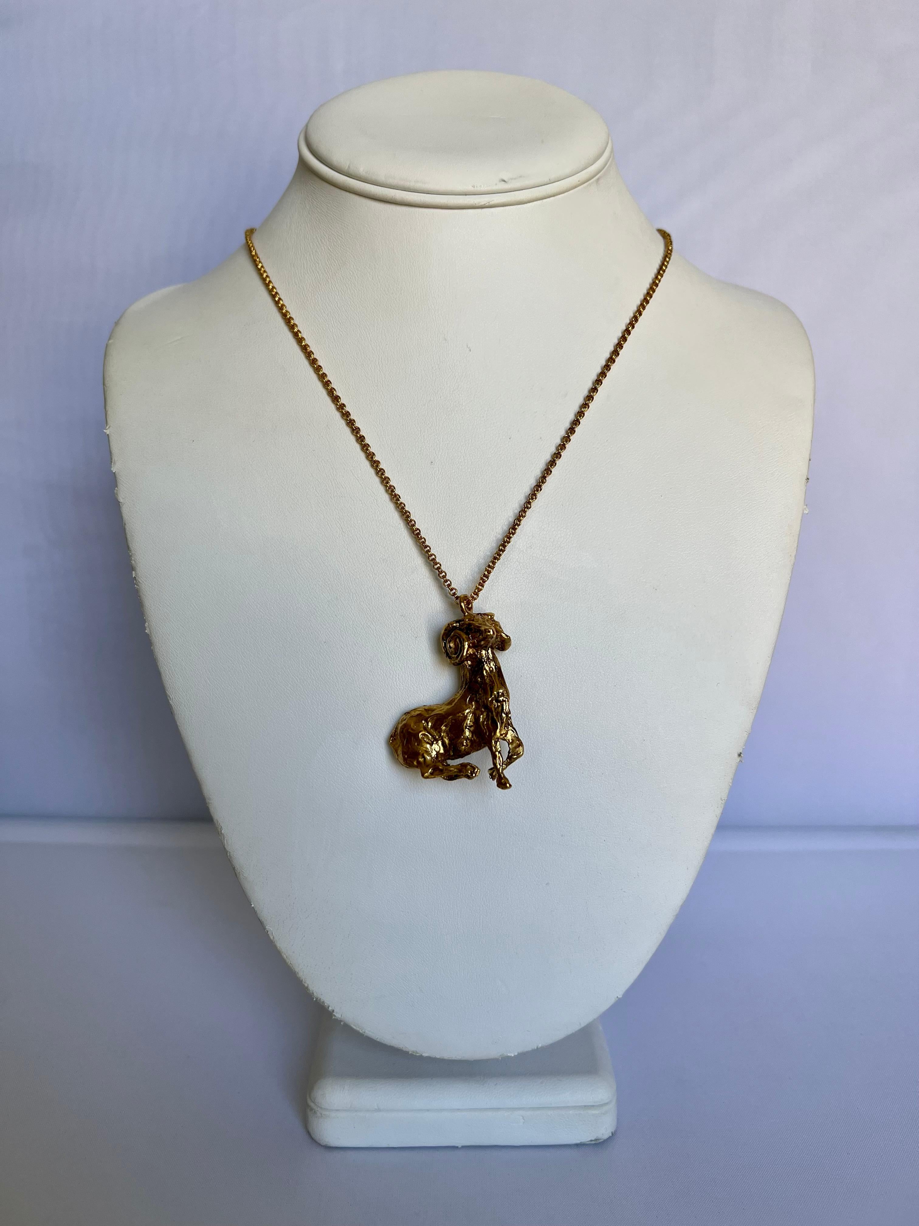 Gilded Bronze Capricorn French Pendant Necklace  In Excellent Condition For Sale In Palm Springs, CA