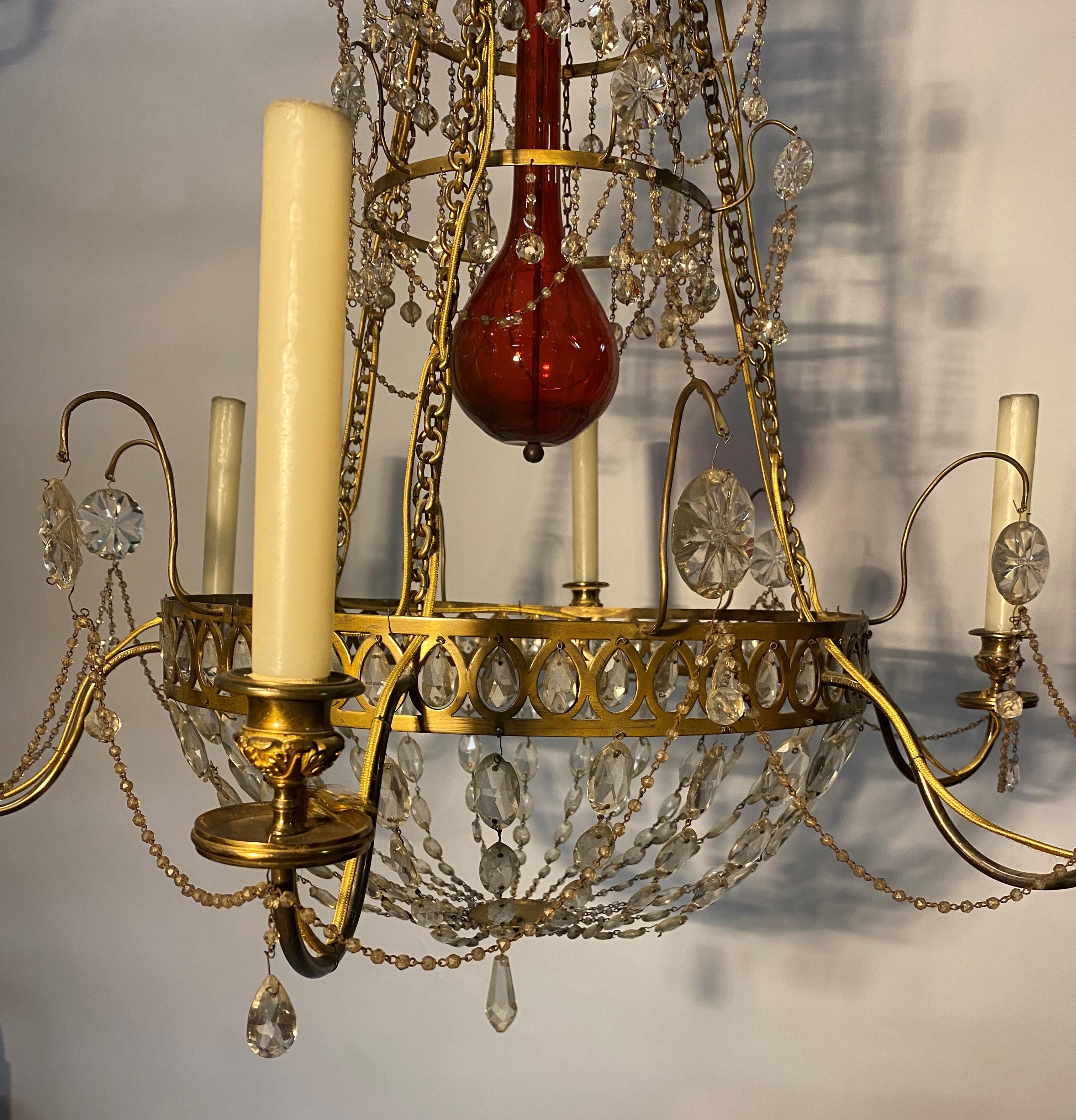  Gilded bronze Chandelier, cut crystal and red glass. Russia Late 18th cent. For Sale 2