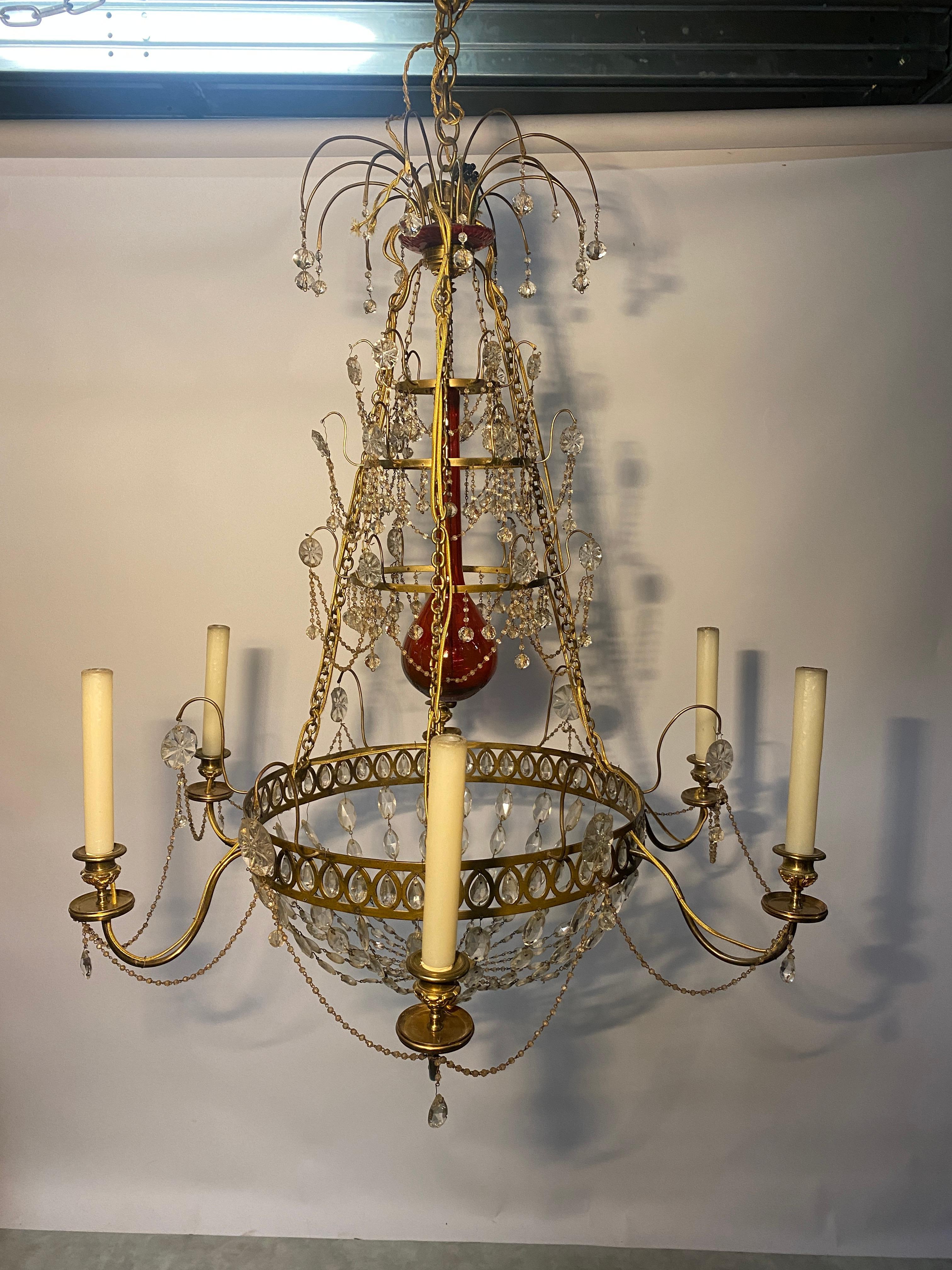  Gilded bronze Chandelier, cut crystal and red glass. Russia Late 18th cent. For Sale 4