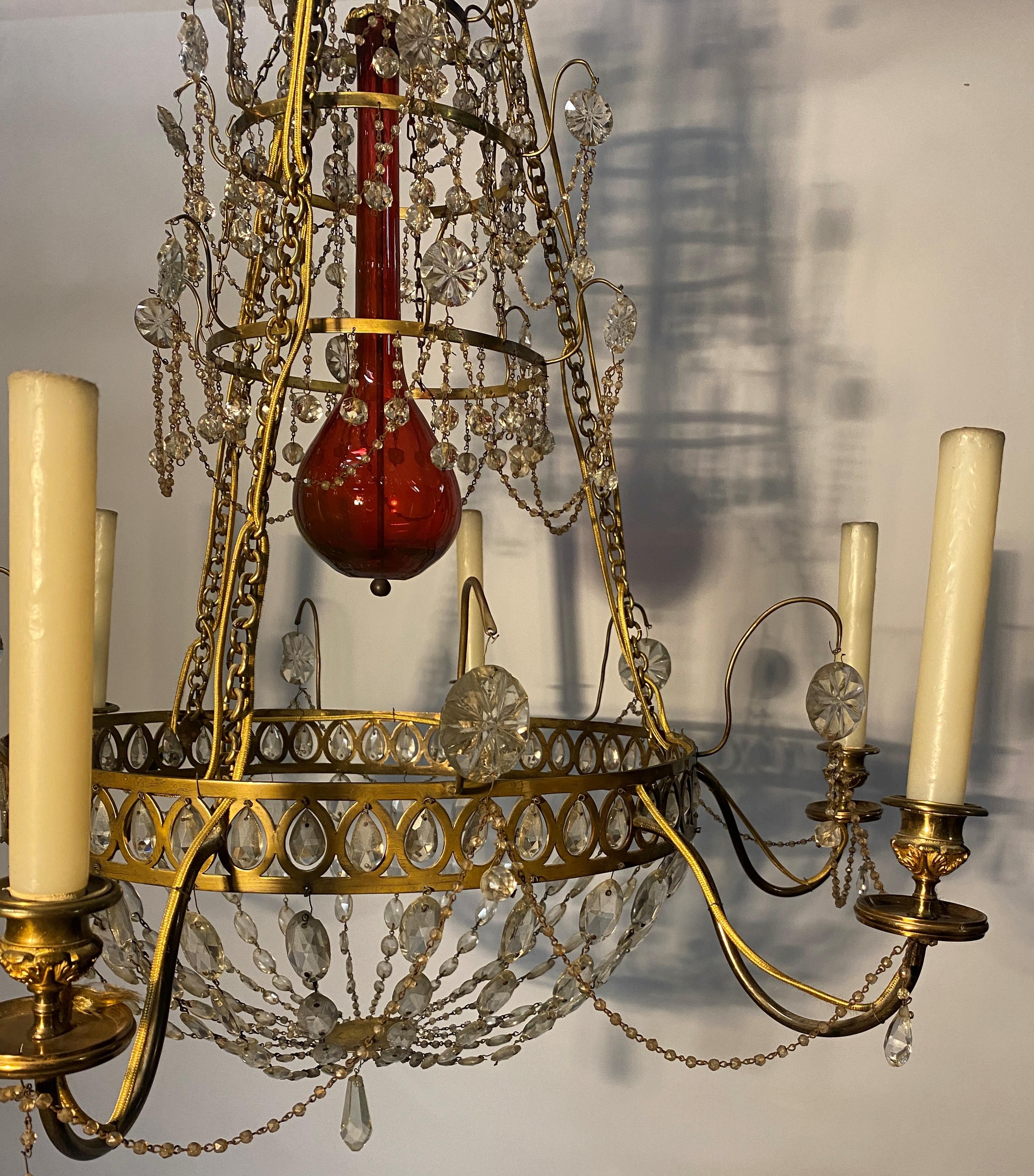  Gilded bronze Chandelier, cut crystal and red glass. Russia Late 18th cent. For Sale 7