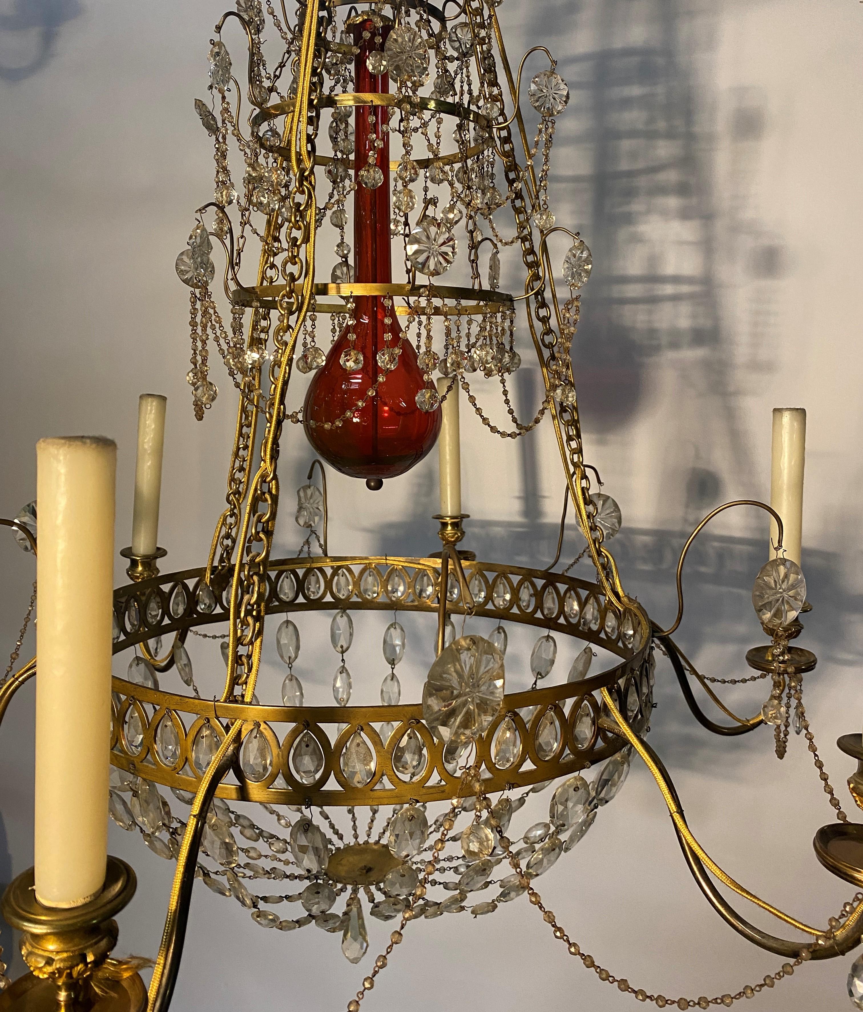 Faceted  Gilded bronze Chandelier, cut crystal and red glass. Russia Late 18th cent. For Sale