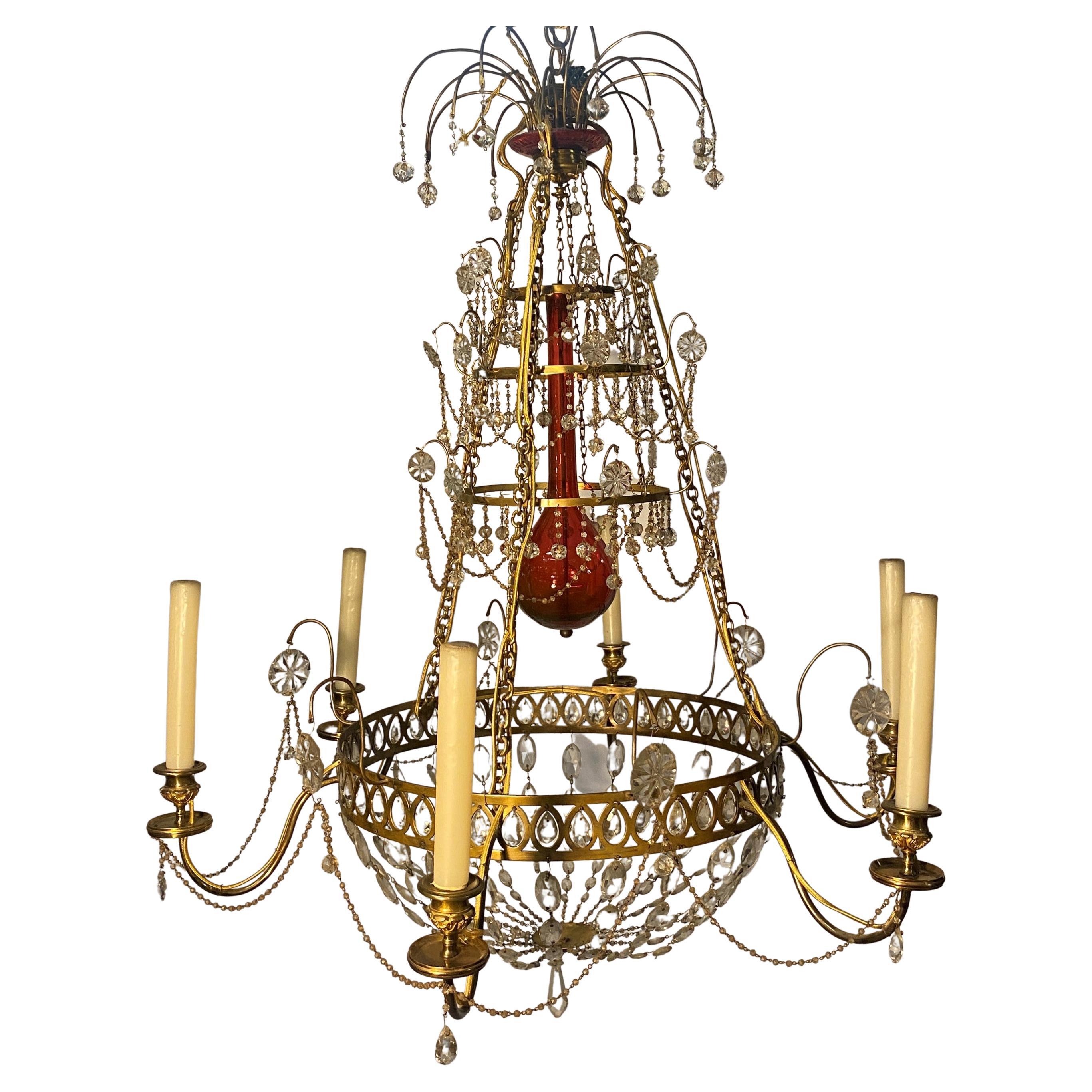  Gilded bronze Chandelier, cut crystal and red glass. Russia Late 18th cent. For Sale