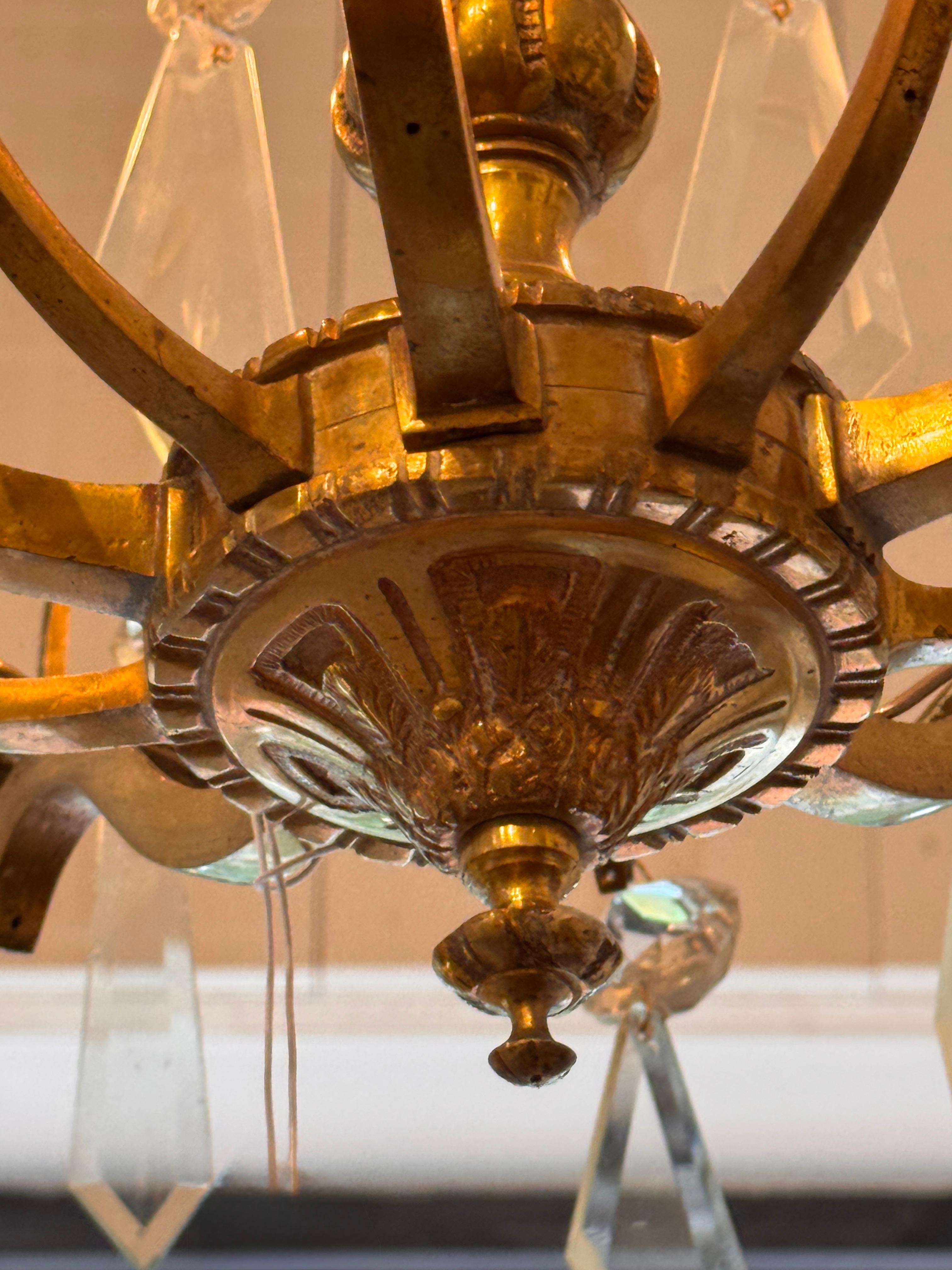 Gilded Bronze Chandelier With Diamond-Cut Crystal Drops For Sale 2